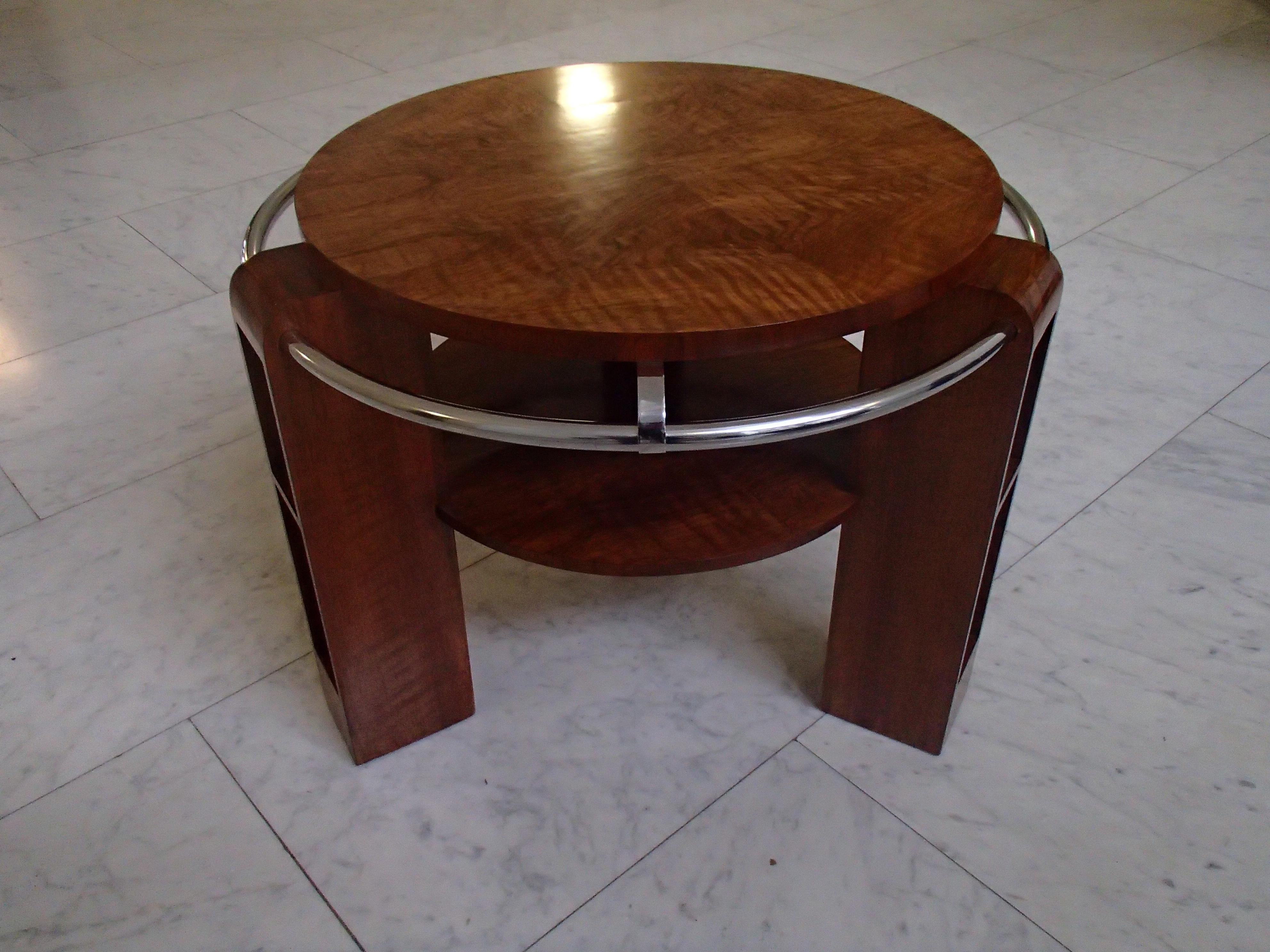 Mid-20th Century Art Deco Coffee or Sofa Table Walnut with Chrome Ring and Shelf's in the Legs