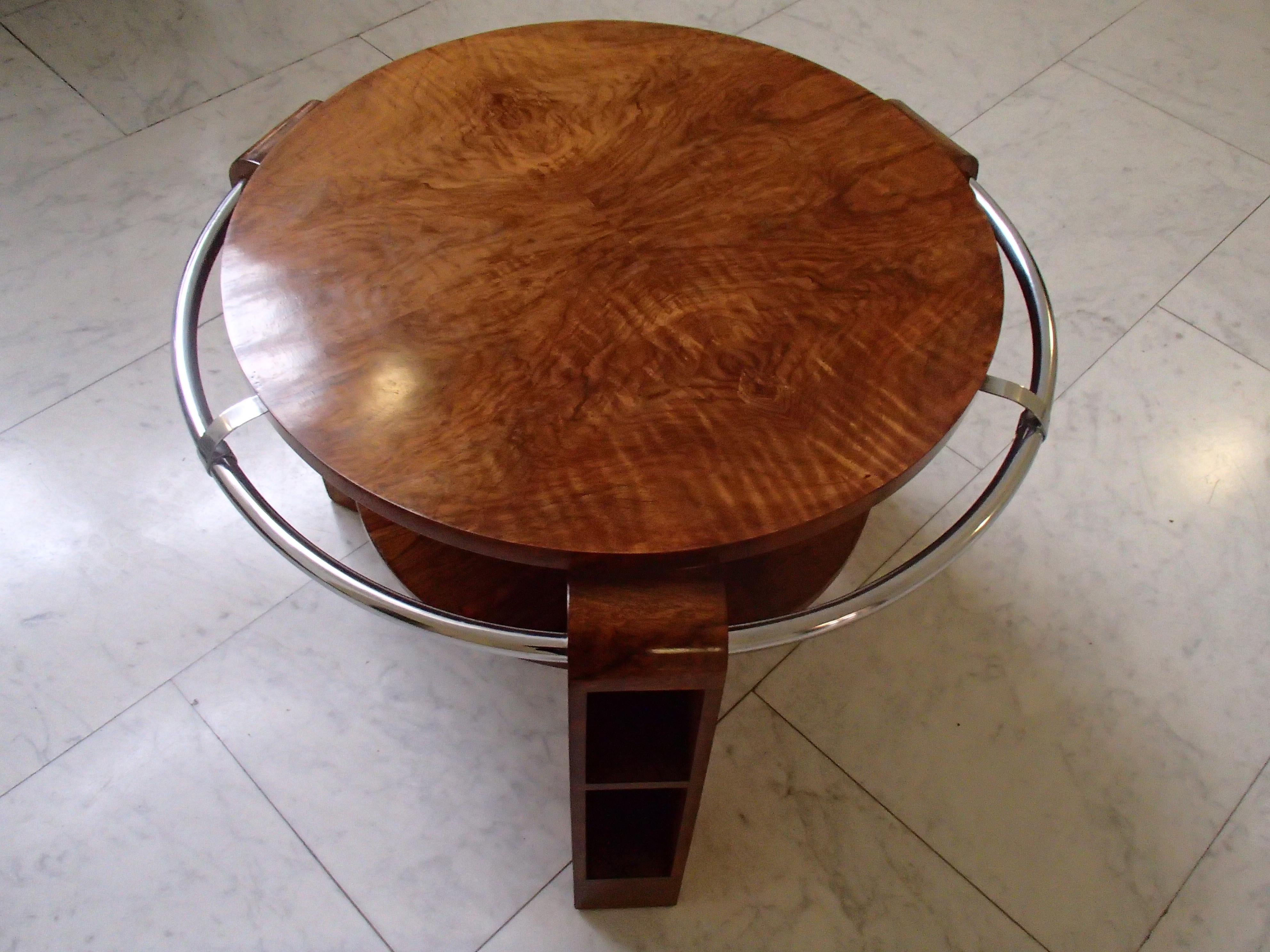 Art Deco Coffee or Sofa Table Walnut with Chrome Ring and Shelf's in the Legs 1