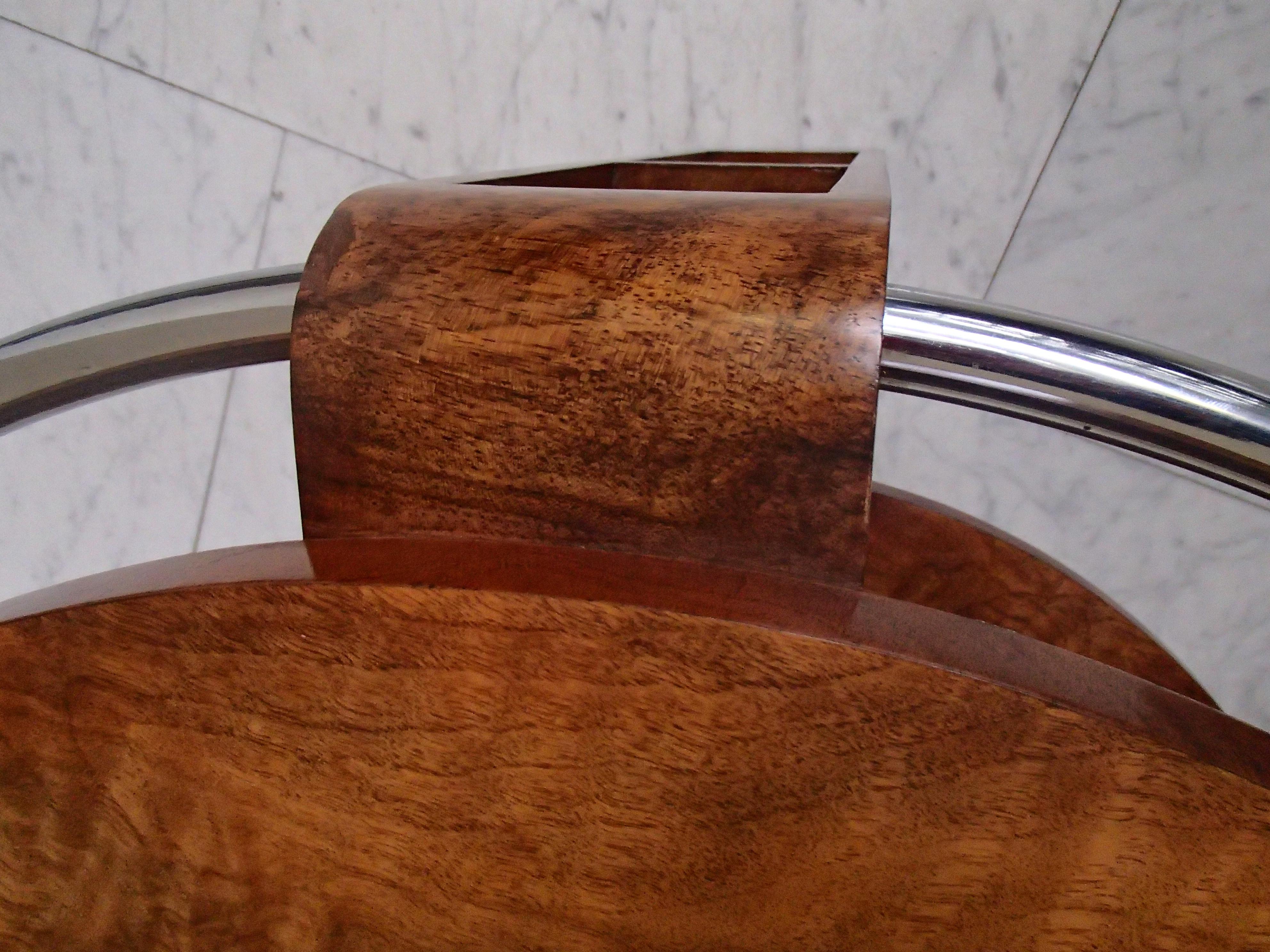 Art Deco Coffee or Sofa Table Walnut with Chrome Ring and Shelf's in the Legs 2