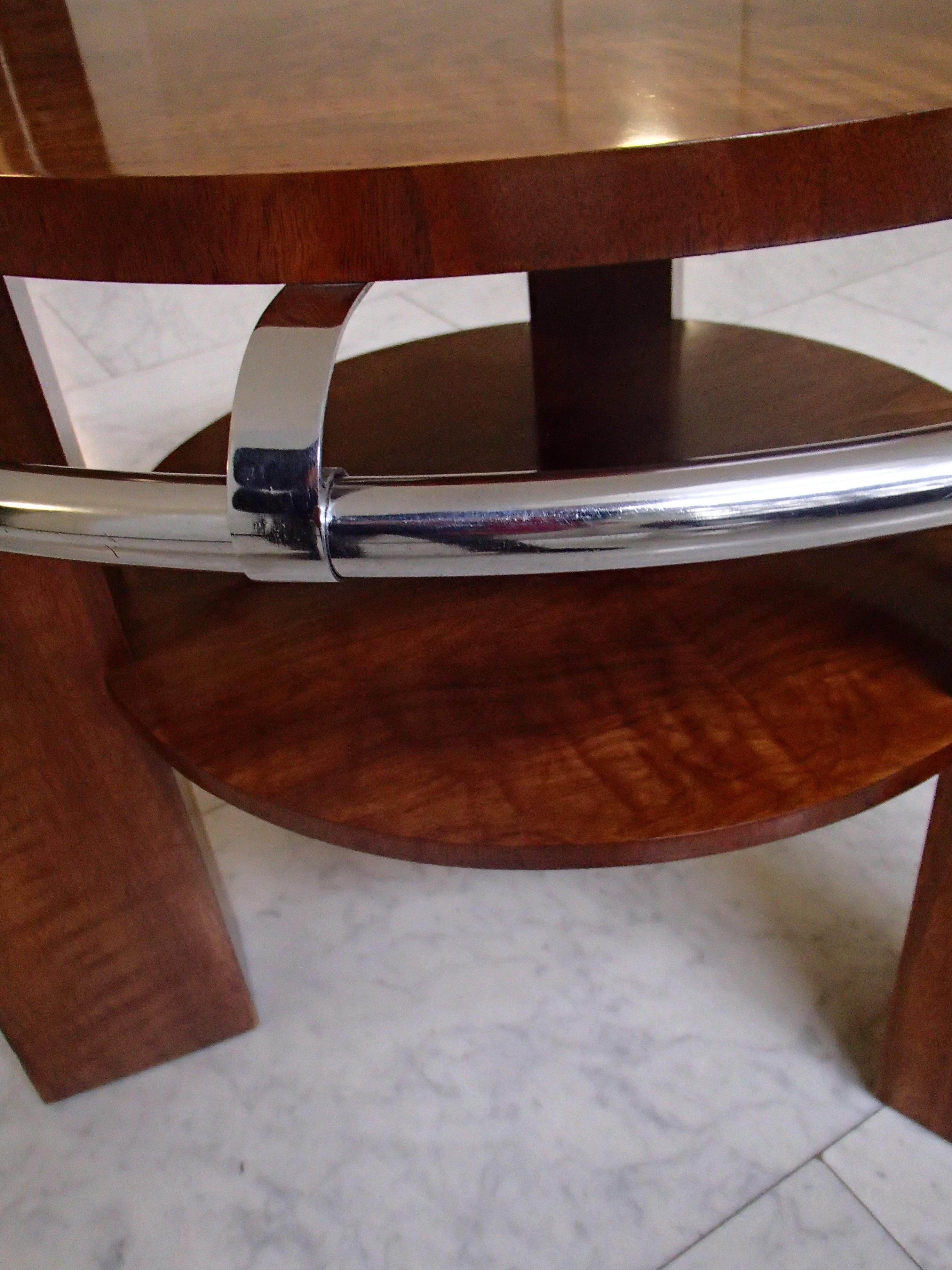 Art Deco Coffee or Sofa Table Walnut with Chrome Ring and Shelf's in the Legs 3