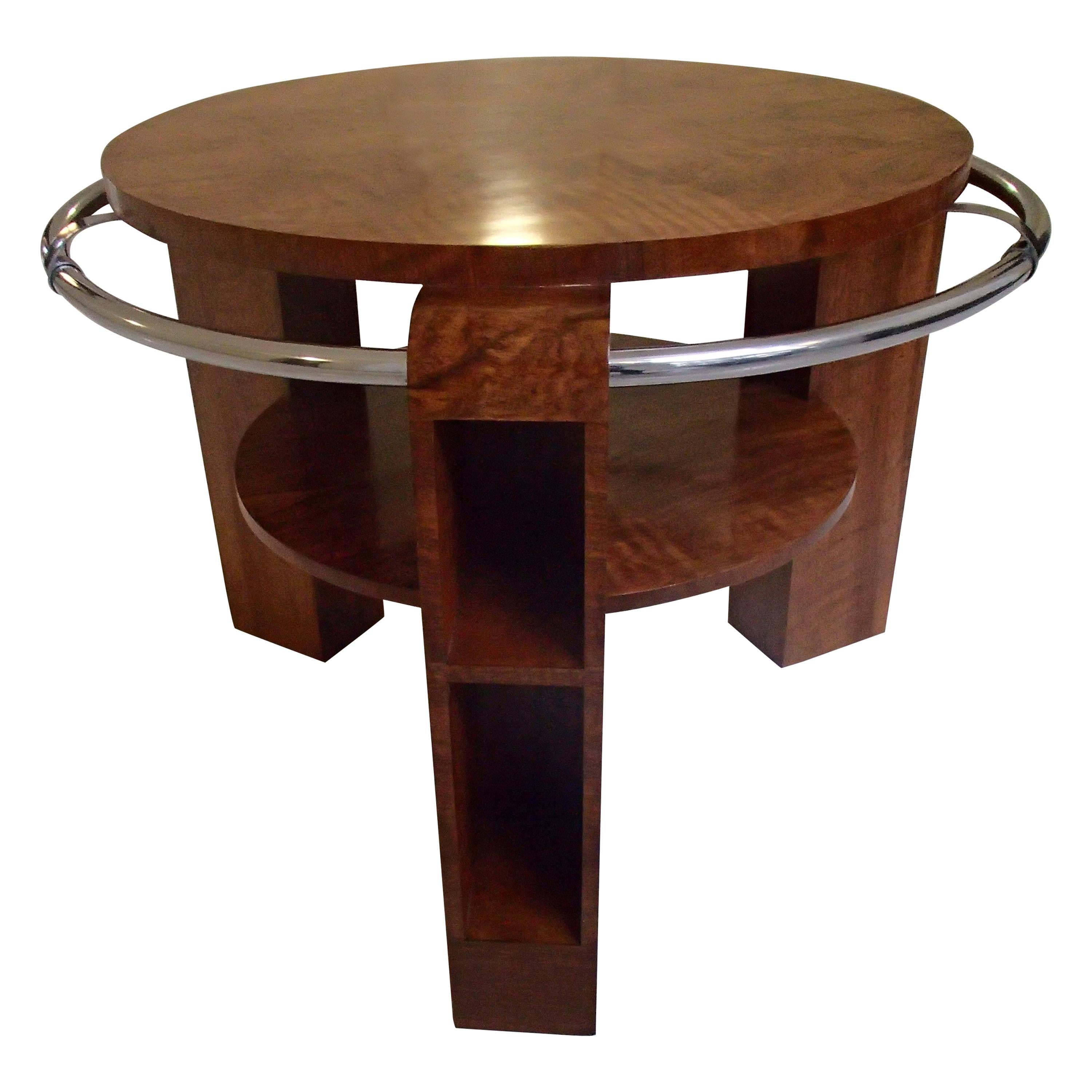 Art Deco Coffee or Sofa Table Walnut with Chrome Ring and Shelf's in the Legs