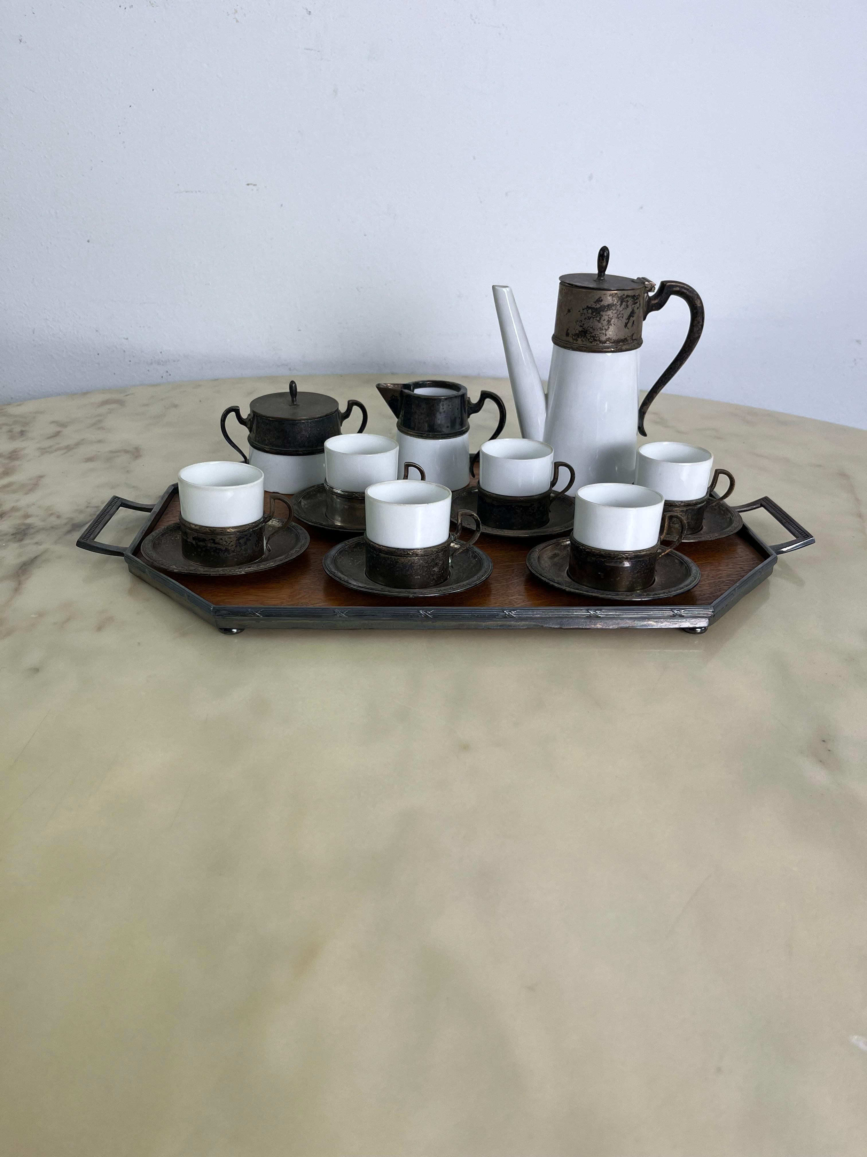 Italian Art Deco Coffee Set for Six in ceramic, metal and wood 1940s For Sale