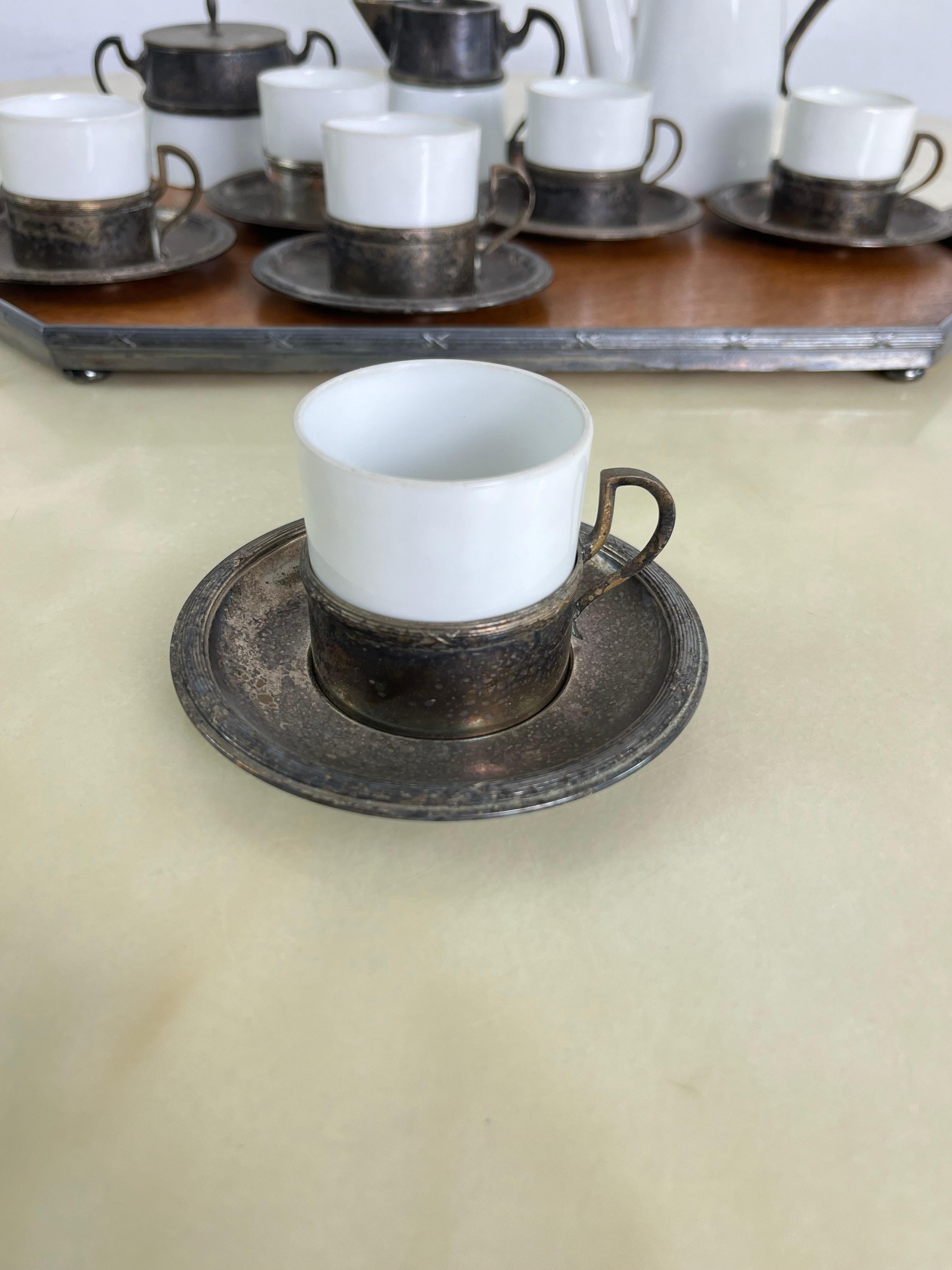 Art Deco Coffee Set for Six in ceramic, metal and wood 1940s In Fair Condition For Sale In Palermo, IT