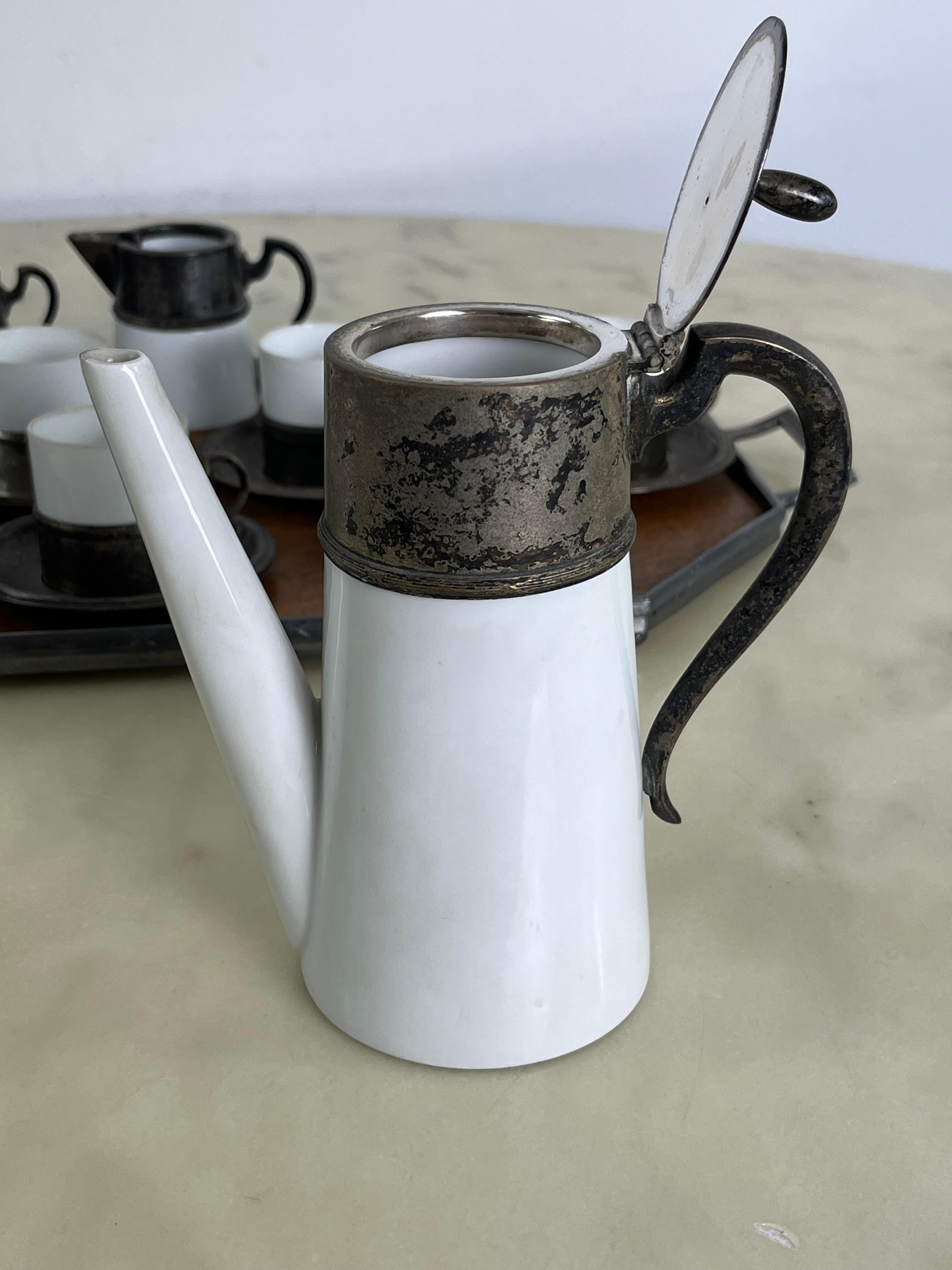 Metal Art Deco Coffee Set for Six in ceramic, metal and wood 1940s For Sale