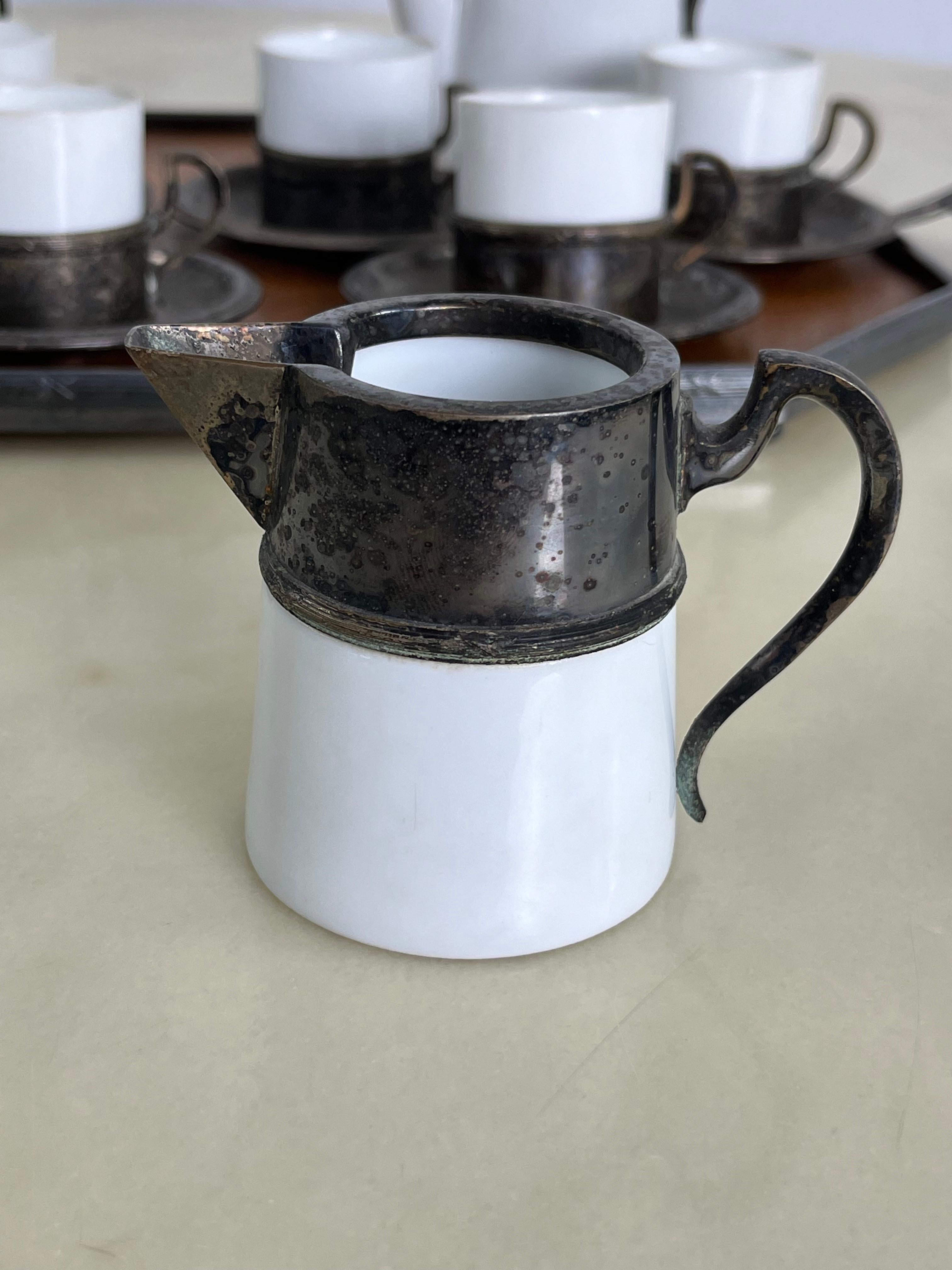 Art Deco Coffee Set for Six in ceramic, metal and wood 1940s For Sale 1
