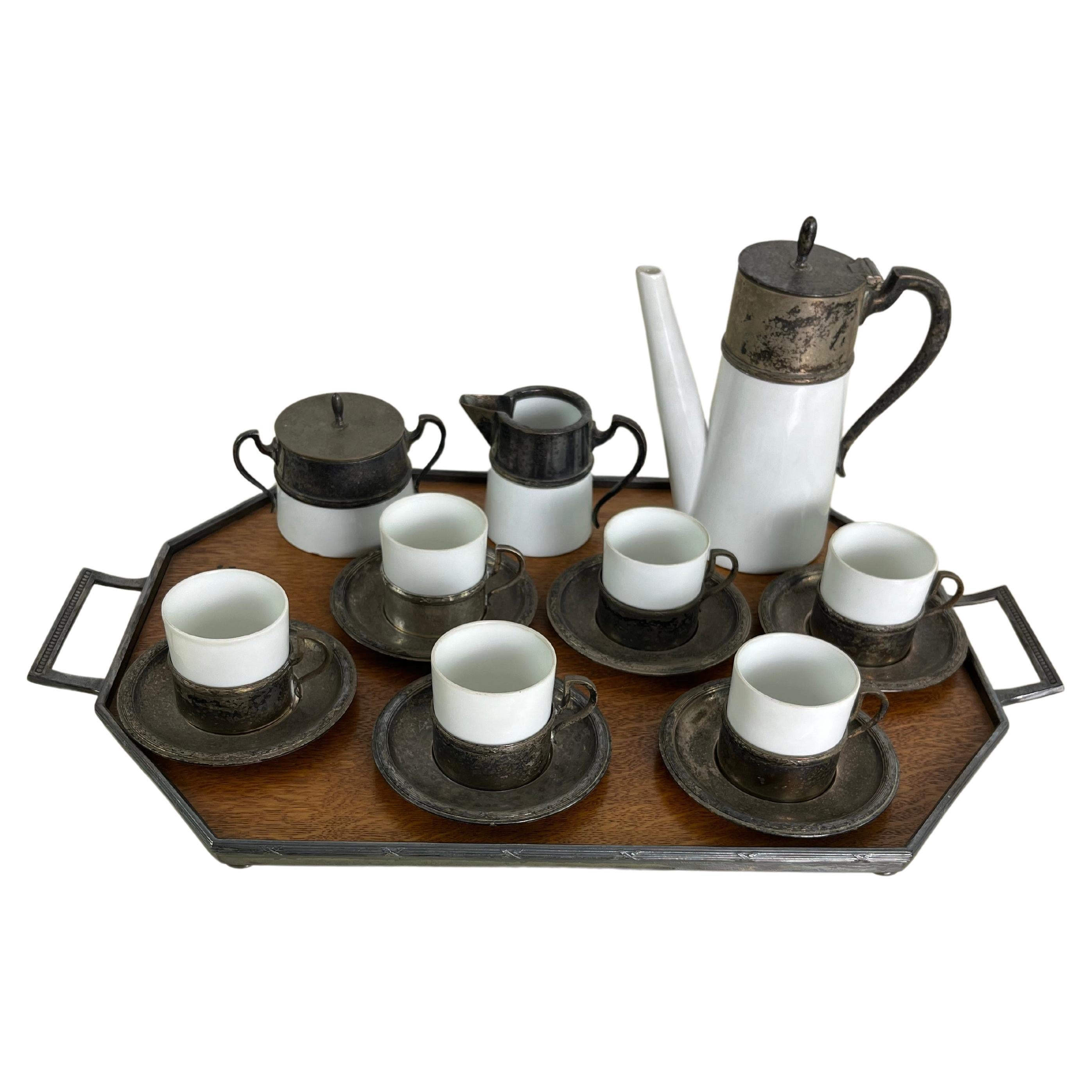 Art Deco Coffee Set for Six in ceramic, metal and wood 1940s For Sale