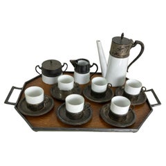 Service à café Art déco pour six personnes en céramique, métal et bois des années 1940
