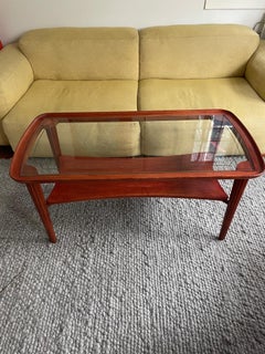 Art deco coffee table. Beautiful wooden table. 1950's Golden strip in glass