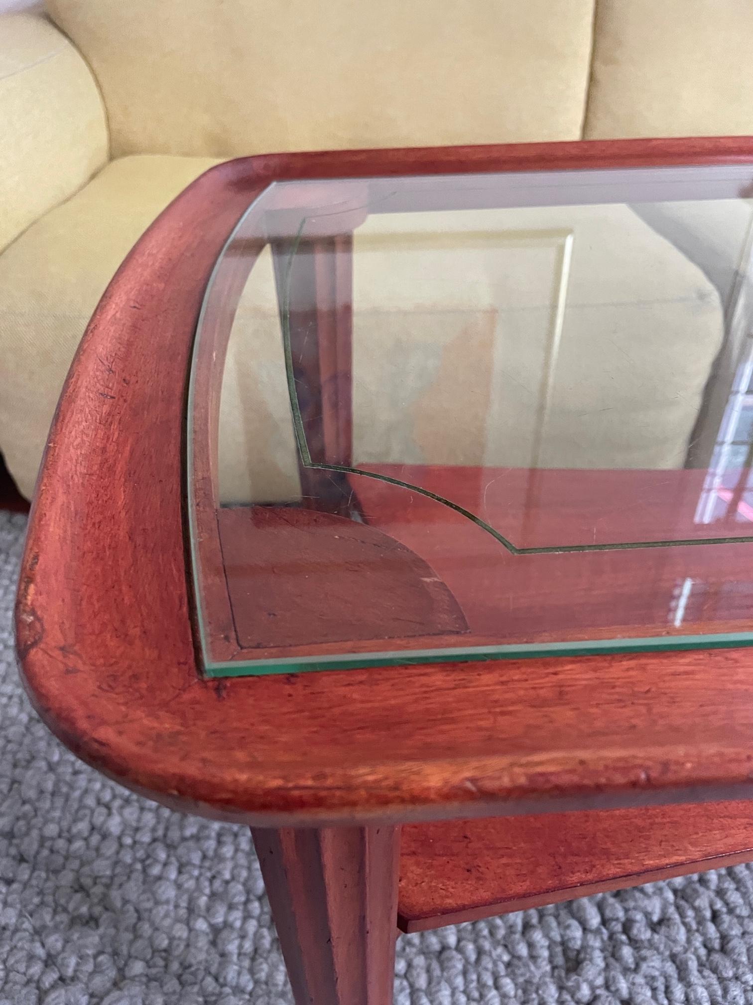 Art Deco Art deco coffee table. Beautiful wooden table. 1950's Golden strip in glass For Sale