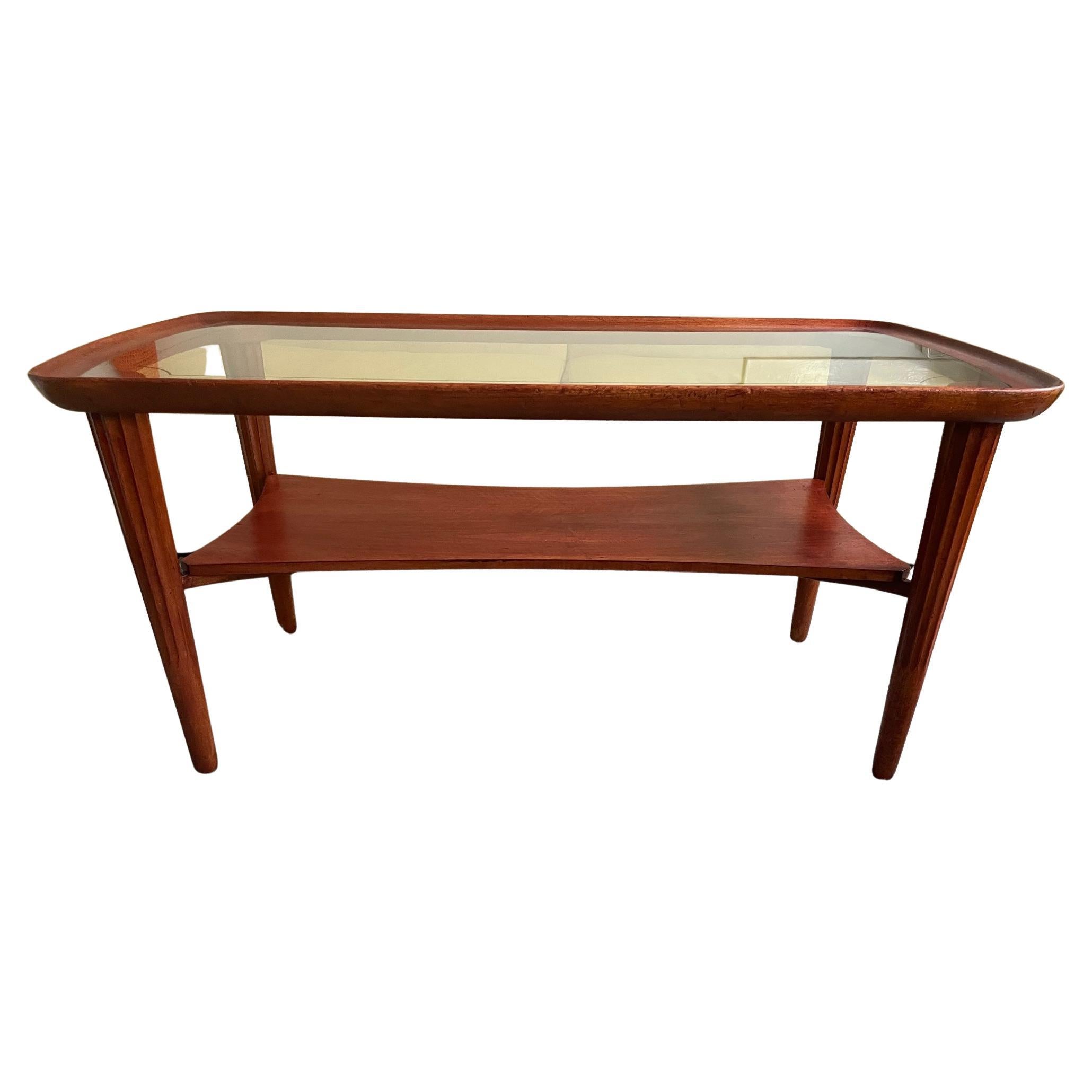 Art deco coffee table. Beautiful wooden table. 1950's Golden strip in glass For Sale