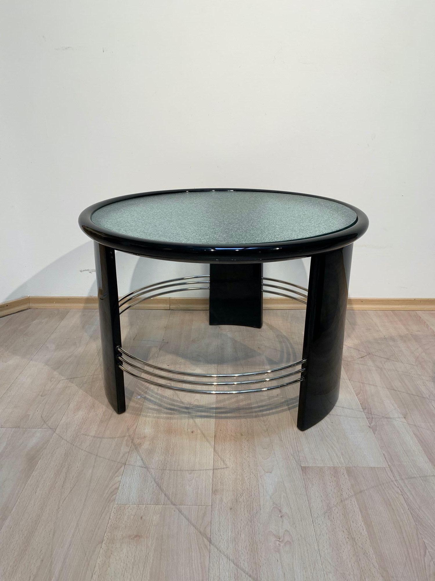 French Art Deco Round Coffee Table, Black Lacquer, Chrome, Glass, France circa 1930 For Sale