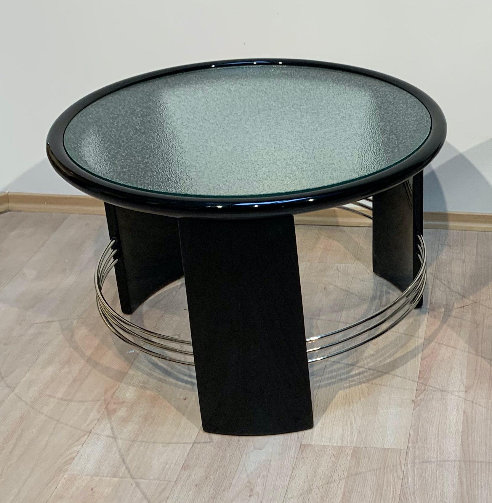 Polished Art Deco Round Coffee Table, Black Lacquer, Chrome, Glass, France circa 1930 For Sale