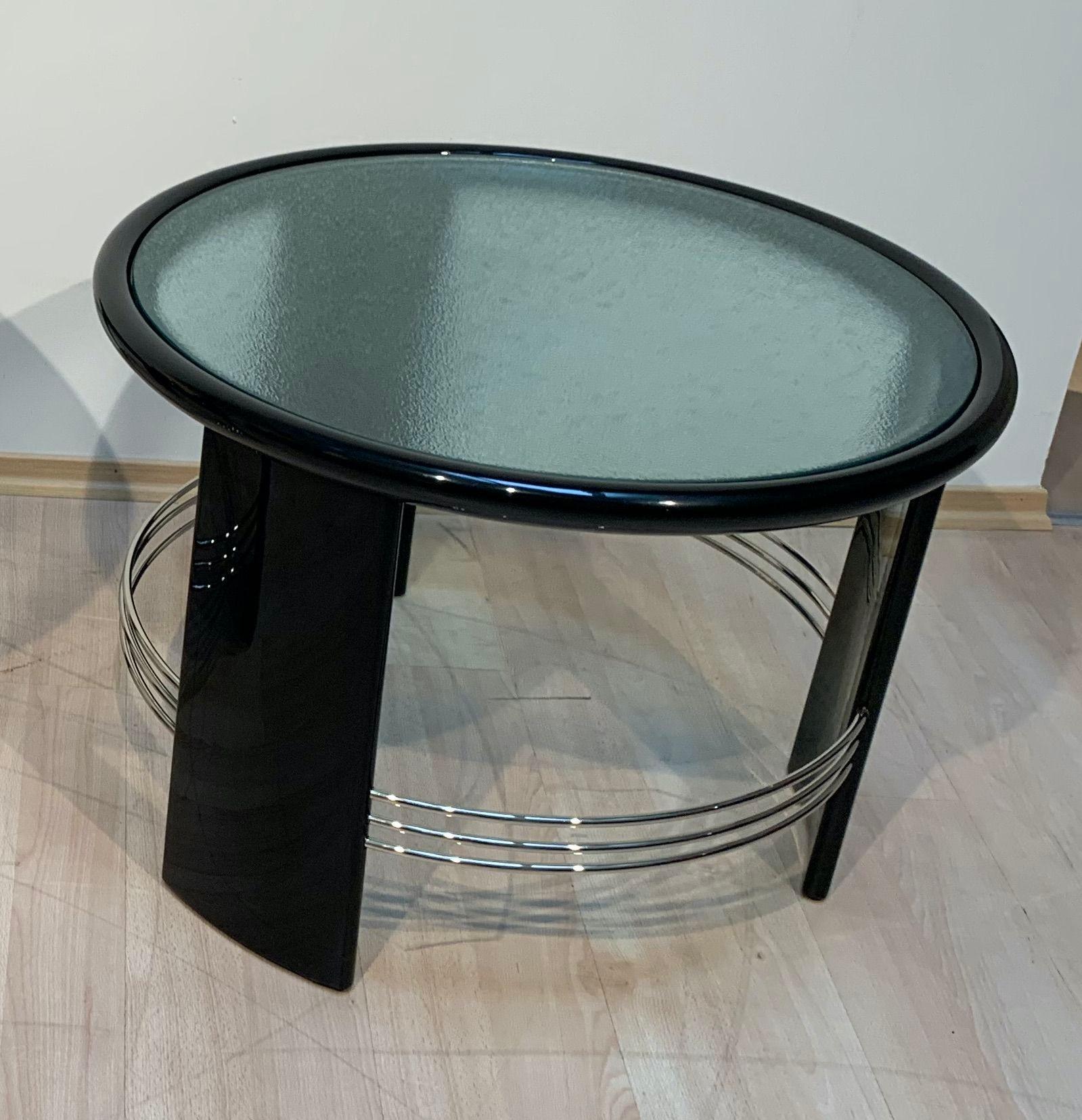Poli Table basse ronde Art Déco, laque noire, chrome, verre, France circa 1930 en vente