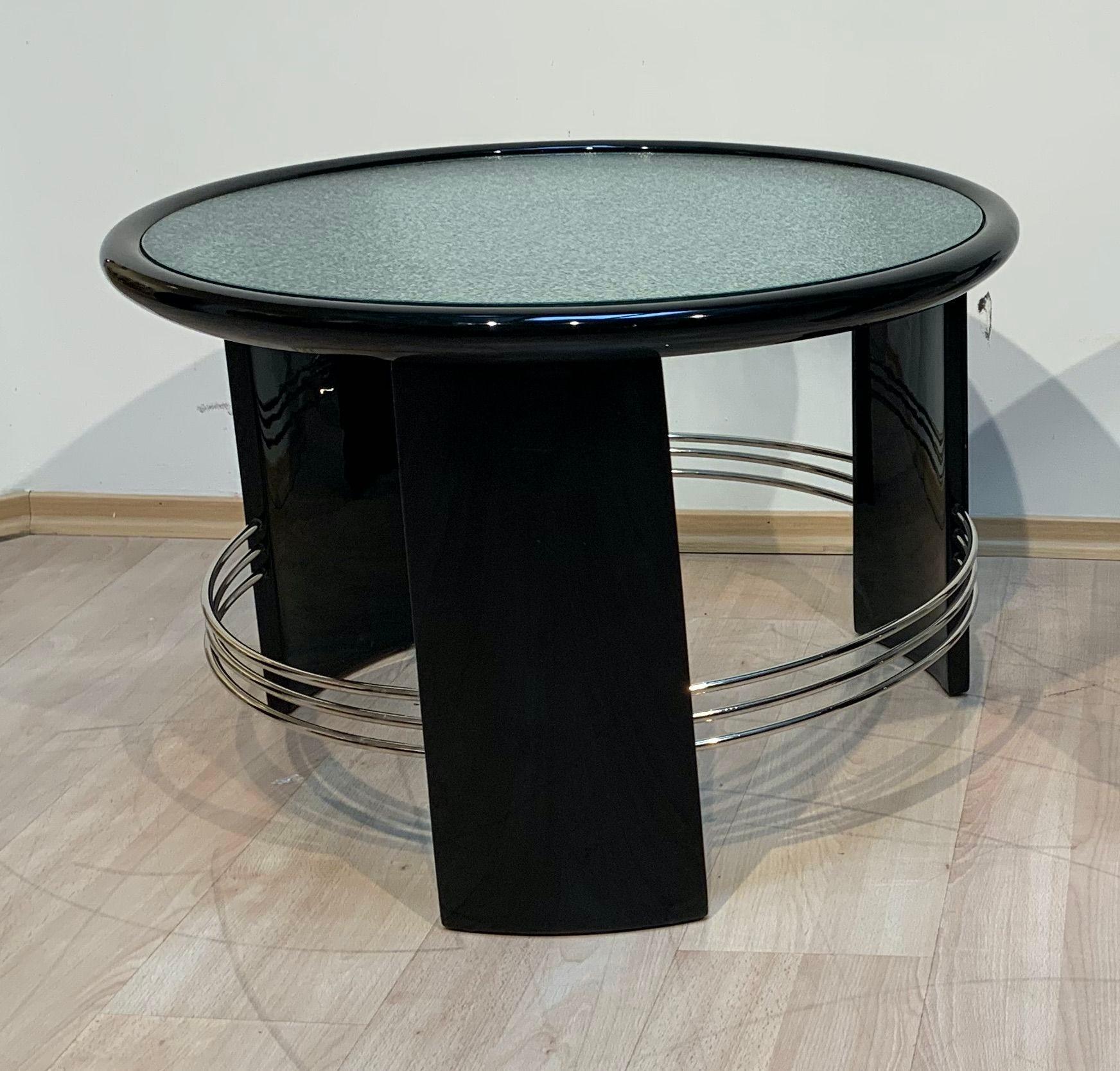 Mid-20th Century Art Deco Round Coffee Table, Black Lacquer, Chrome, Glass, France circa 1930 For Sale