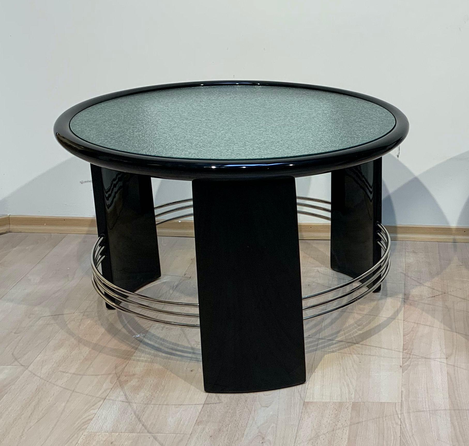 Art Deco Round Coffee Table, Black Lacquer, Chrome, Glass, France circa 1930 For Sale 2