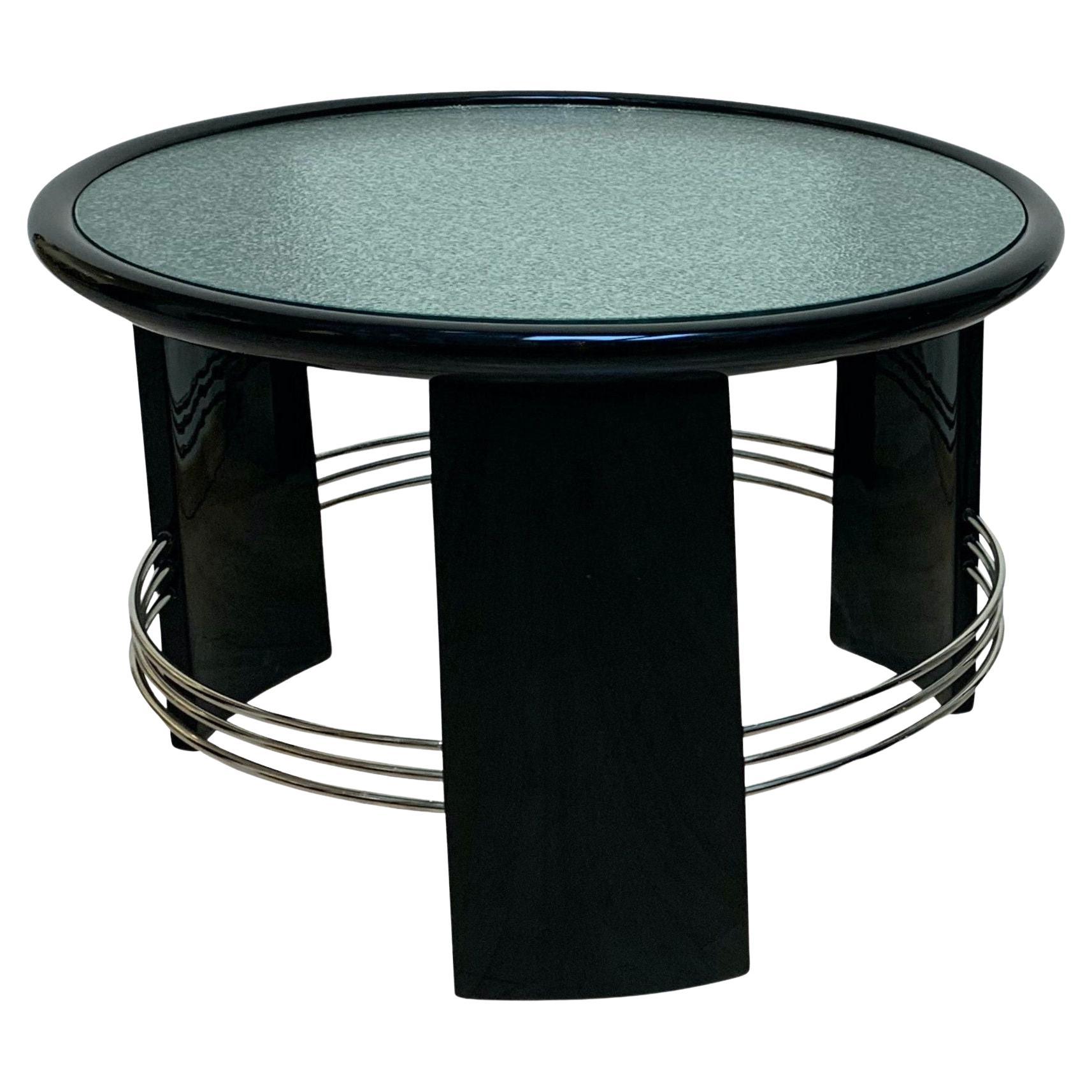 Art Deco Round Coffee Table, Black Lacquer, Chrome, Glass, France circa 1930 For Sale