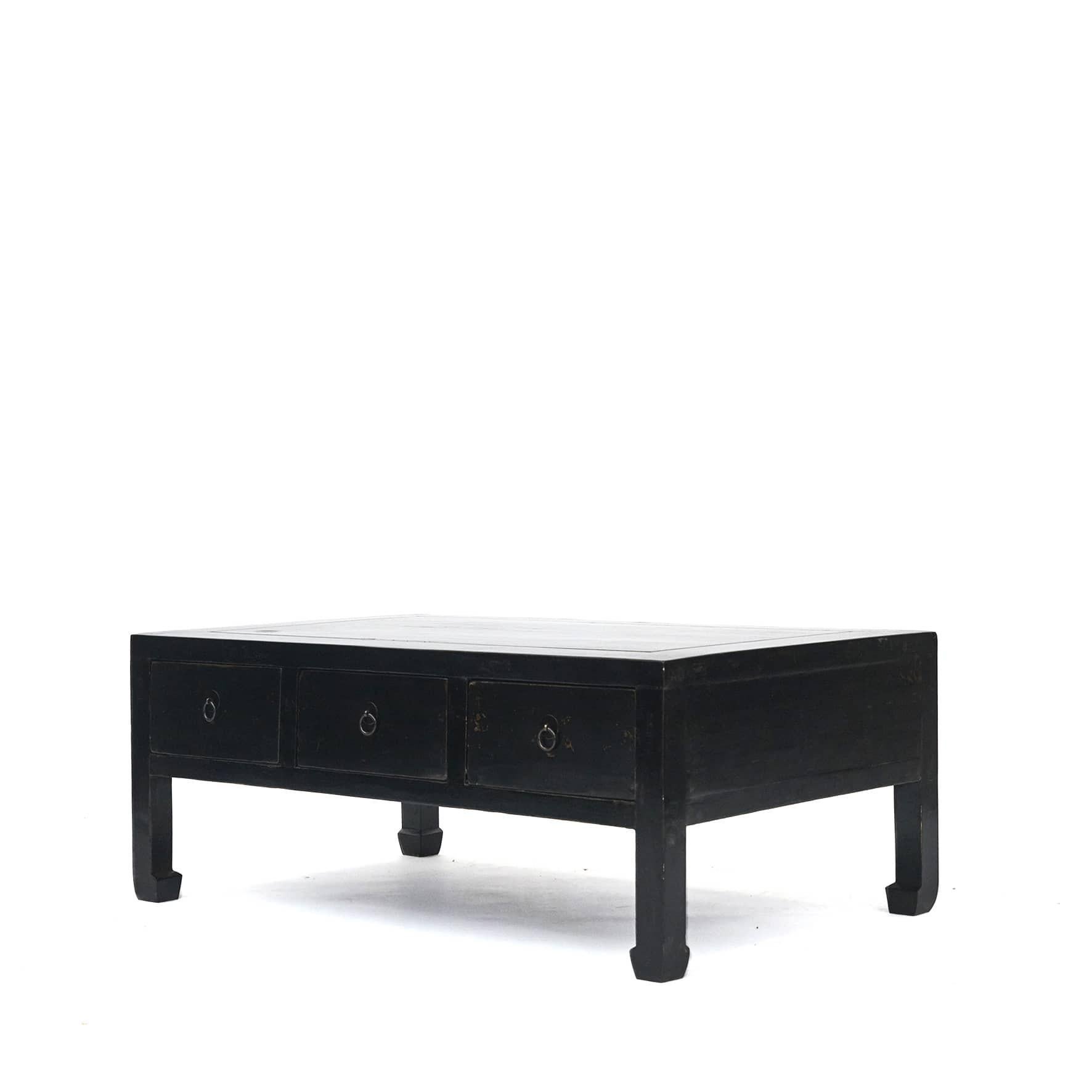 Art deco coffee table in Linden wood and lacquer
Original black lacquer with natural patina.
Three drawers on one side.

Clear lacquer surface finish.
Hebei Province, China 1910 - 1920.