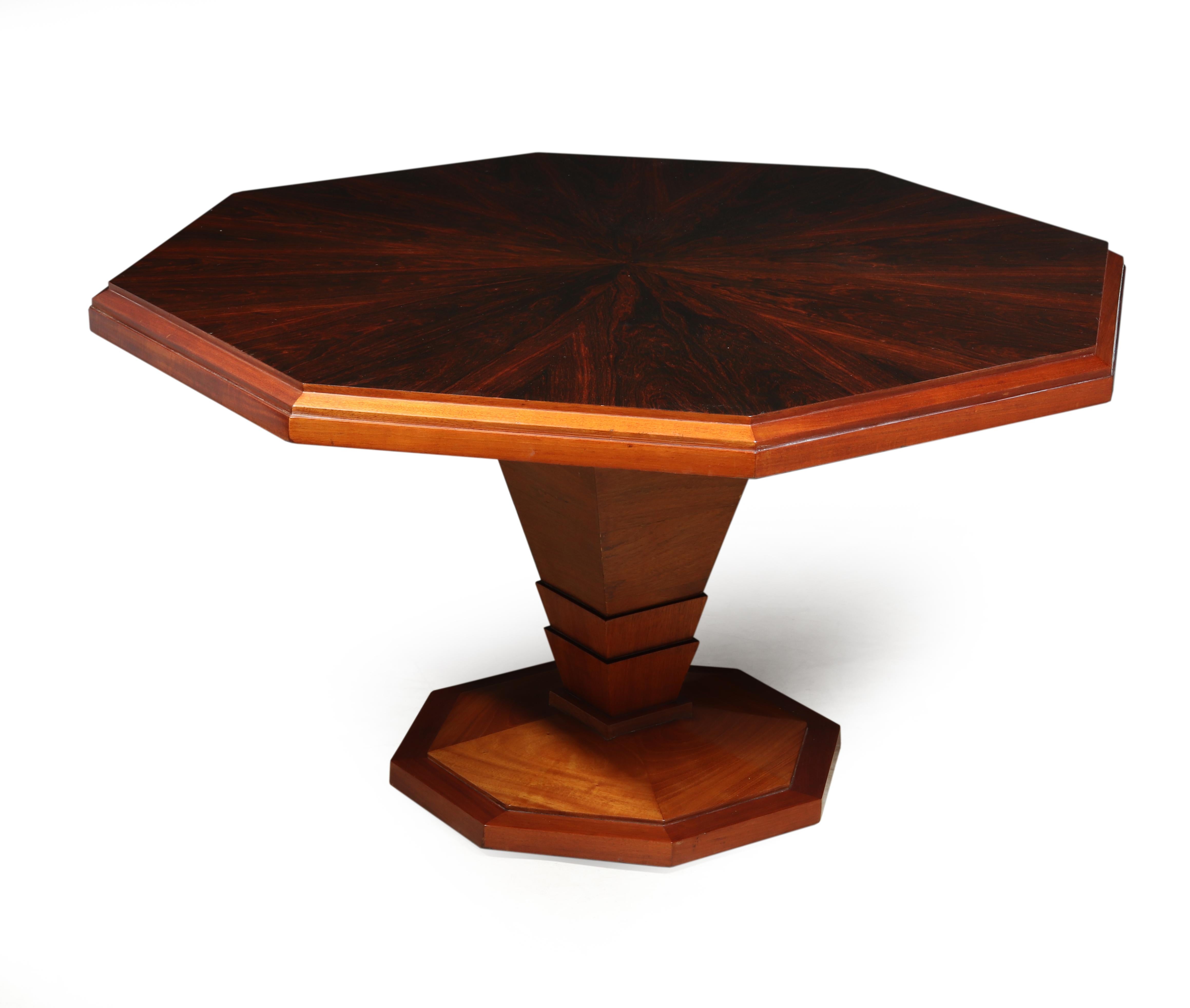 Art Deco coffee table
This coffee table was produced in France in the 1930 from mahogany and rosewood, the table has and octagonal top and stands on a tapered pedestal base, it has been fully polished and is in excellent conditioned

Age: