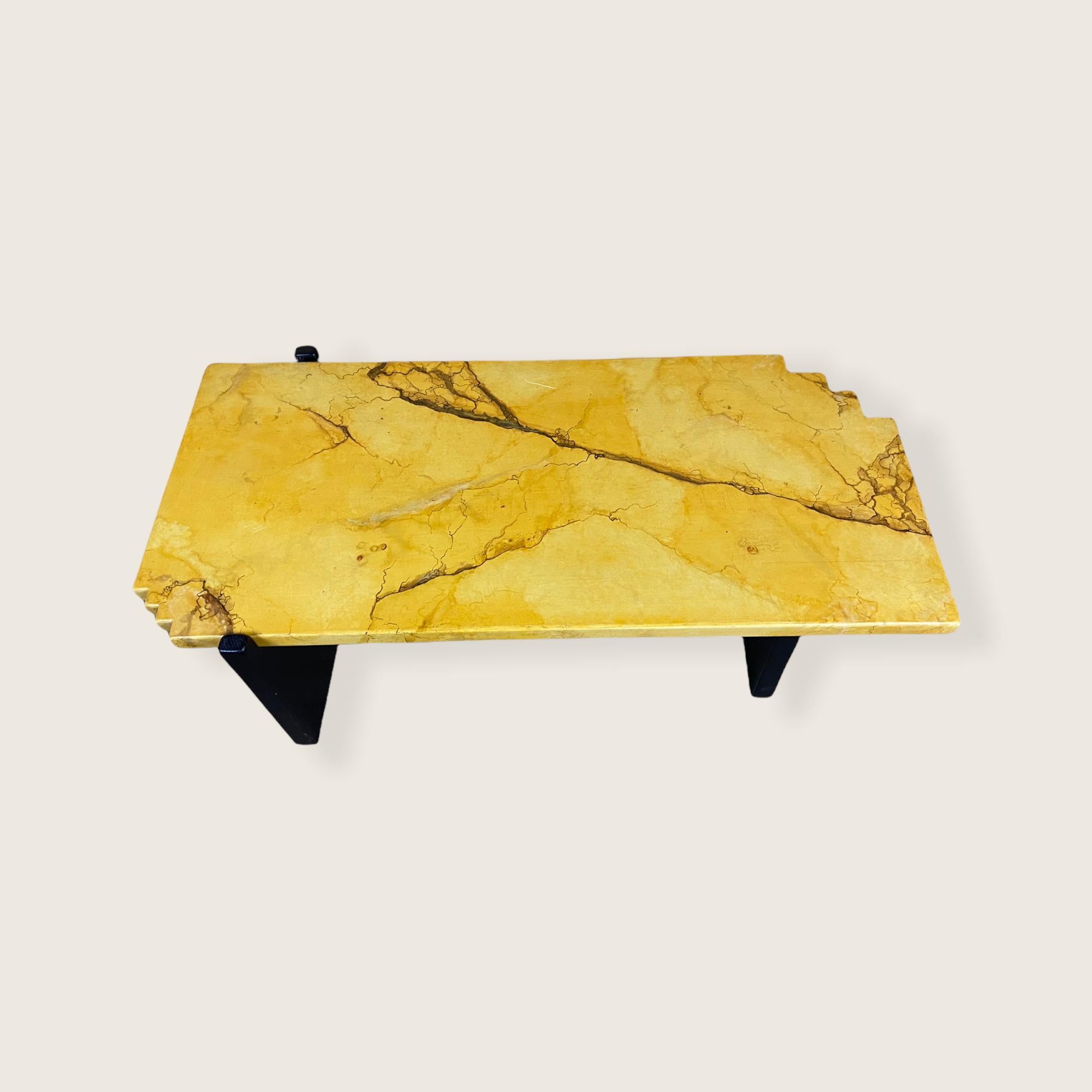 Art Deco coffee table made of solid oak with a yellow marbled top. The table legs are black and they are dismountable. Unique piece of furniture made to order in The Netherlands.This object is in a good condition but it shows sign of age.
