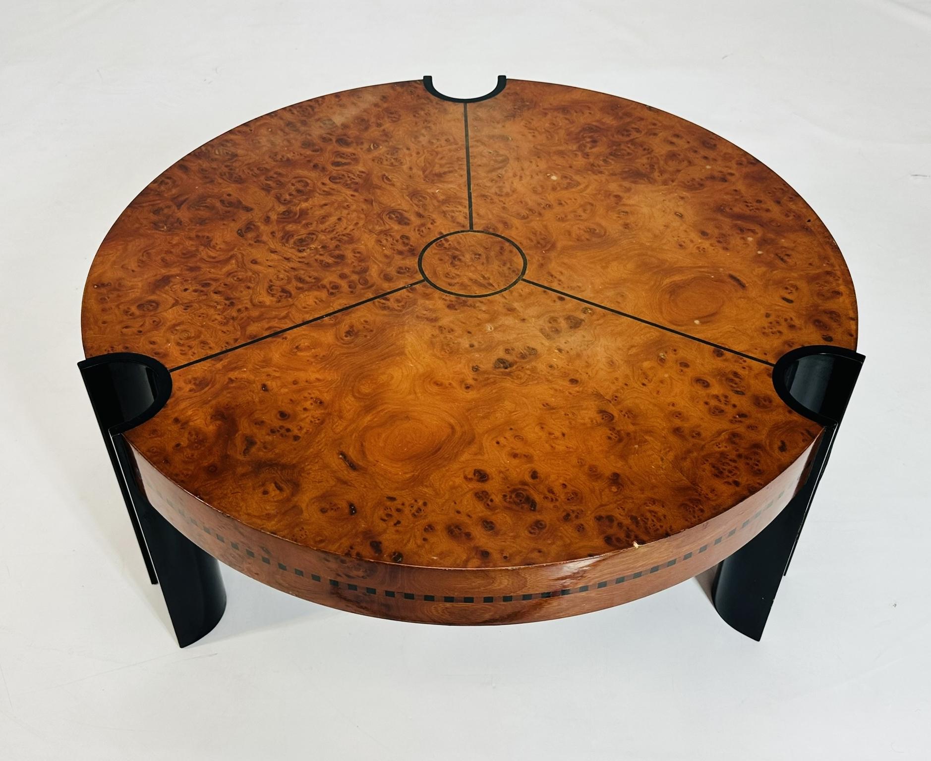 French Art Deco Coffee Table in Burlwood and Lacquered Legs, France 1940's
