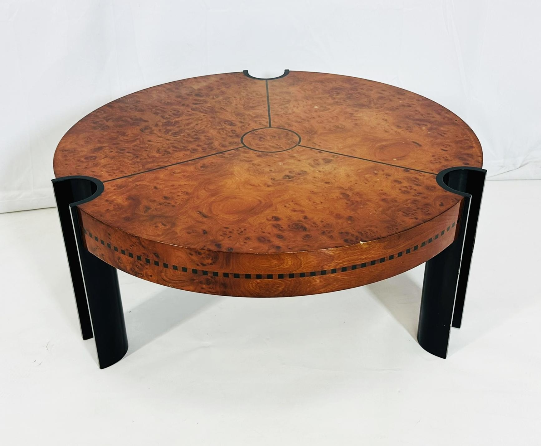 Mid-20th Century Art Deco Coffee Table in Burlwood and Lacquered Legs, France 1940's
