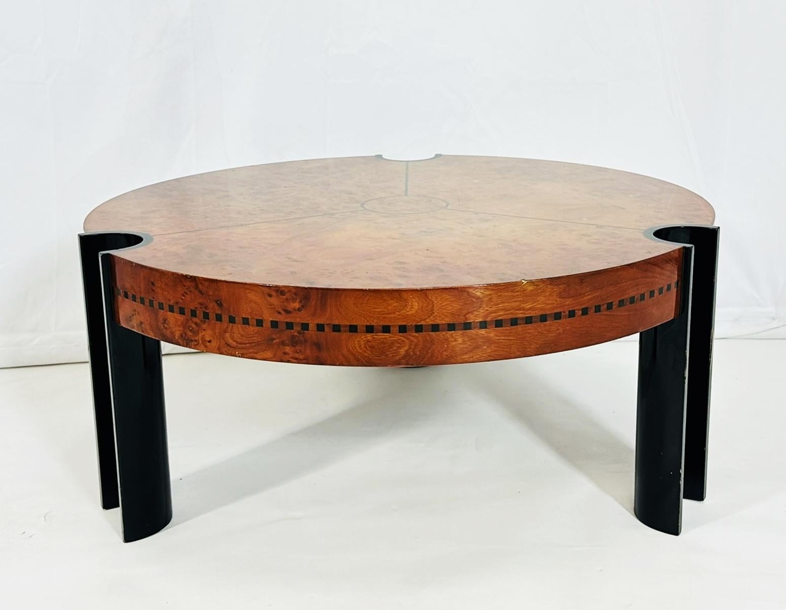 Wood Art Deco Coffee Table in Burlwood and Lacquered Legs, France 1940's