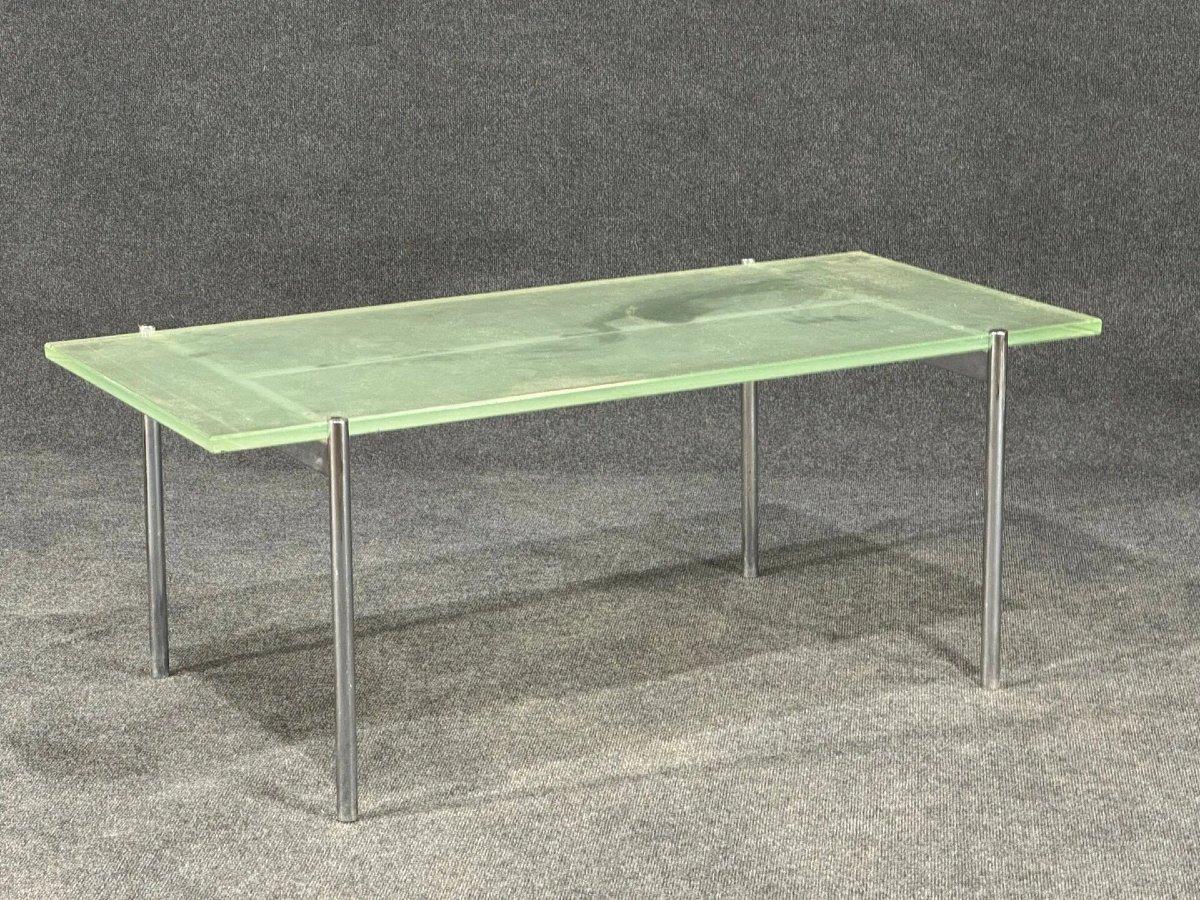 Art déco Table basse Art Déco en métal chromé, plateau en verre dépoli (style Saint Gobain) en vente