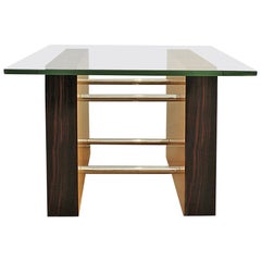 Couchtisch im Art déco-Stil aus Ahornholz, Makassar, Ebenholz, Messing und Glas – Italien, 1930er Jahre