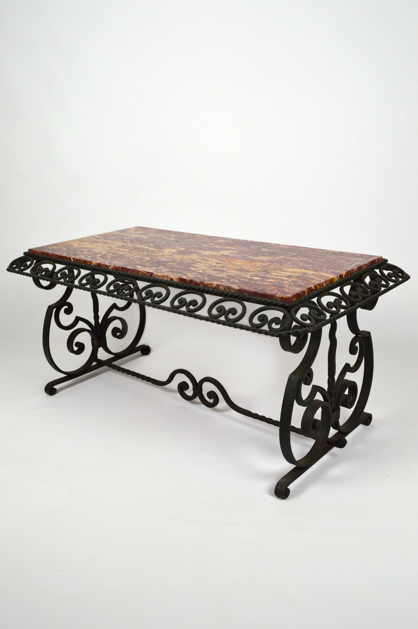 French Art Deco Coffee Table in Marble and Wrought Iron, France, circa 1940 For Sale
