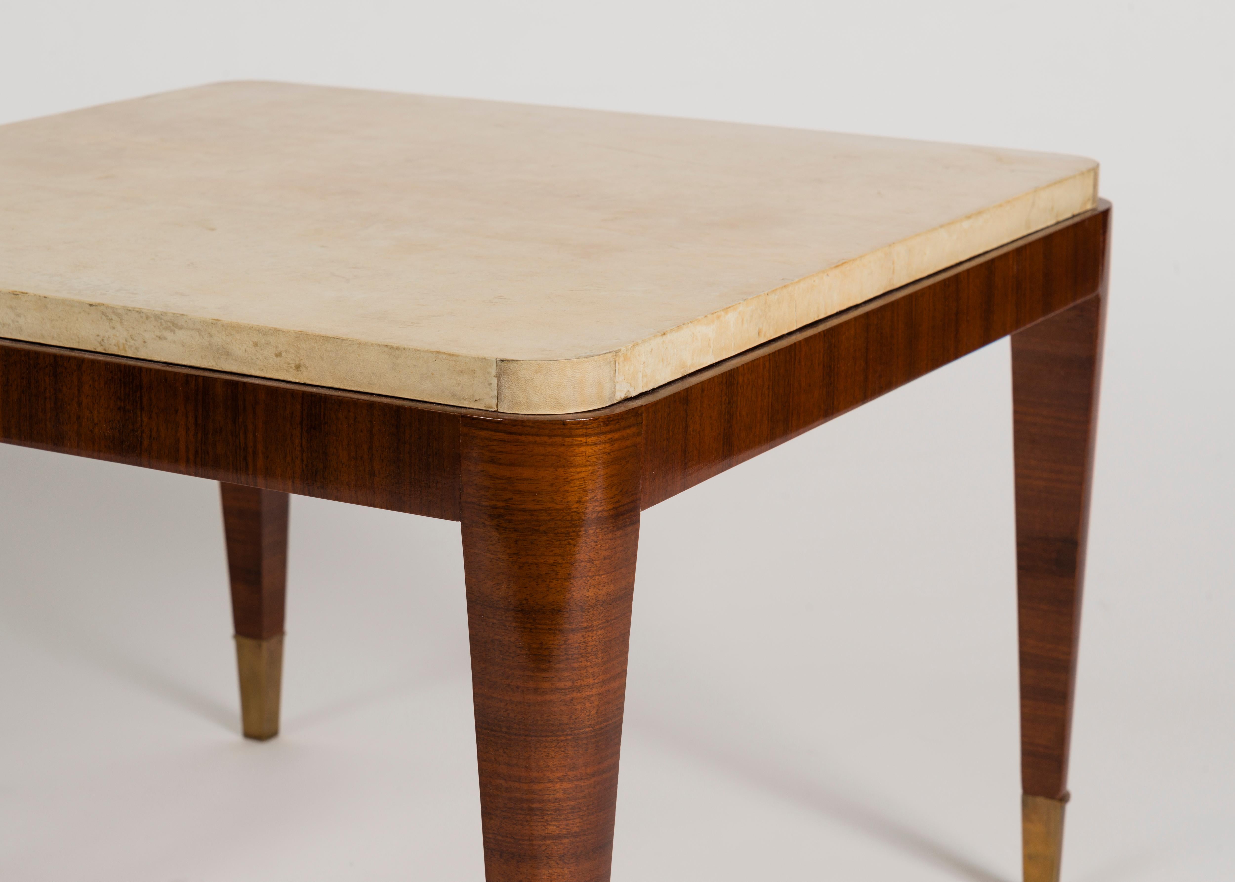 French Art Deco Coffee Table in Parchment and Mahogany, France, circa 1940s