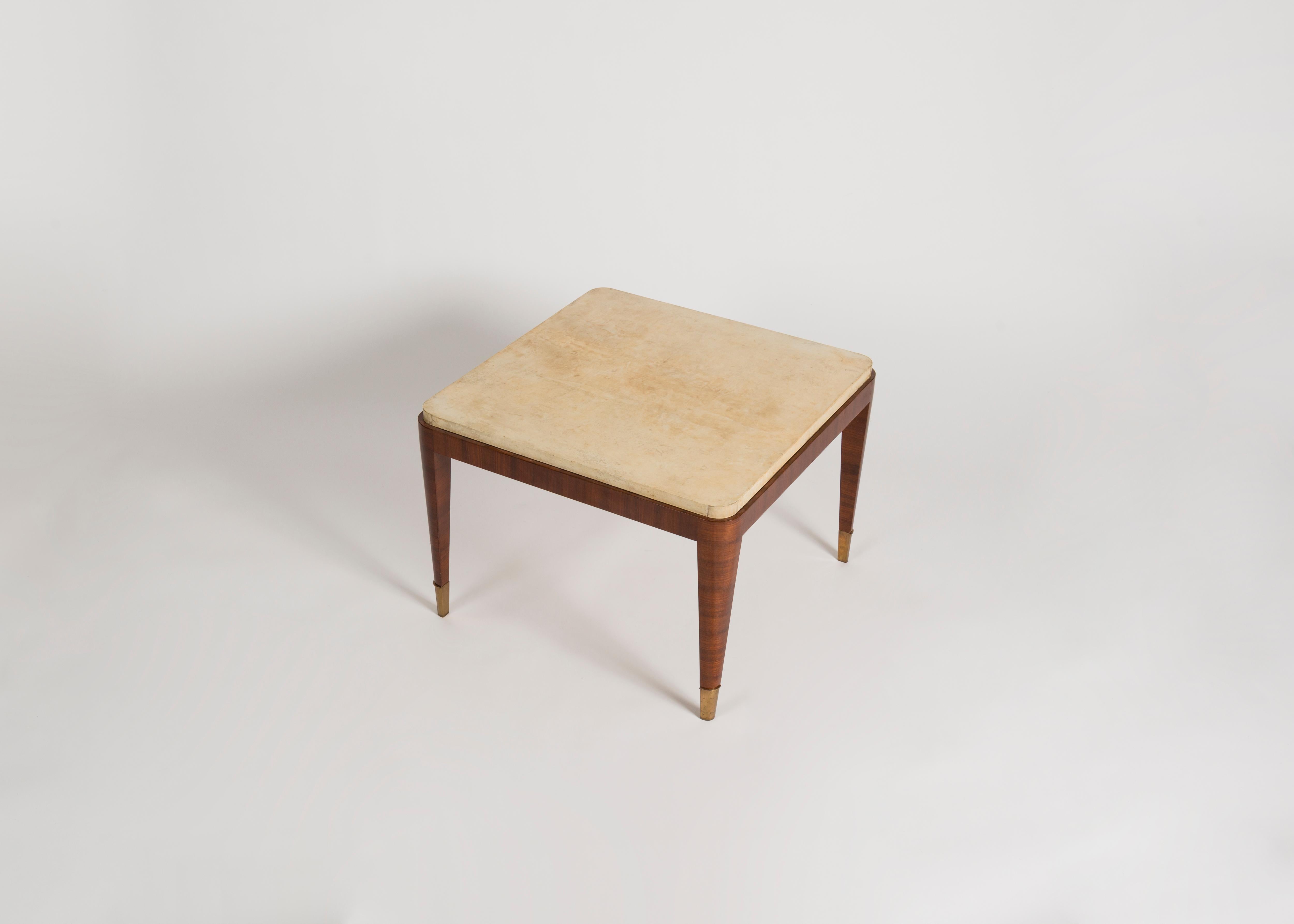Gilt Art Deco Coffee Table in Parchment and Mahogany, France, circa 1940s