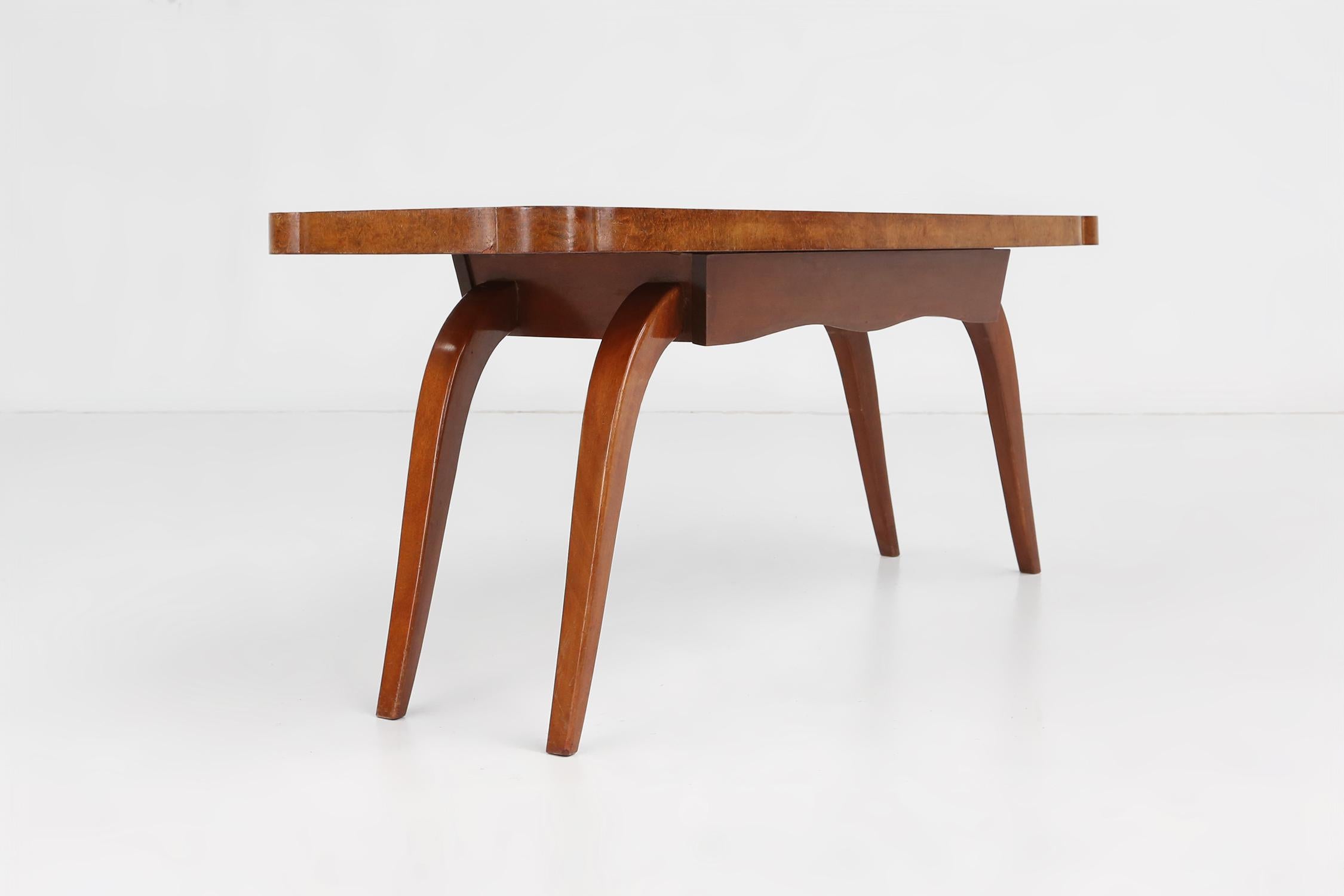 Veneer Art Deco coffee table in wood with organic legs, Belgium ca. 1930