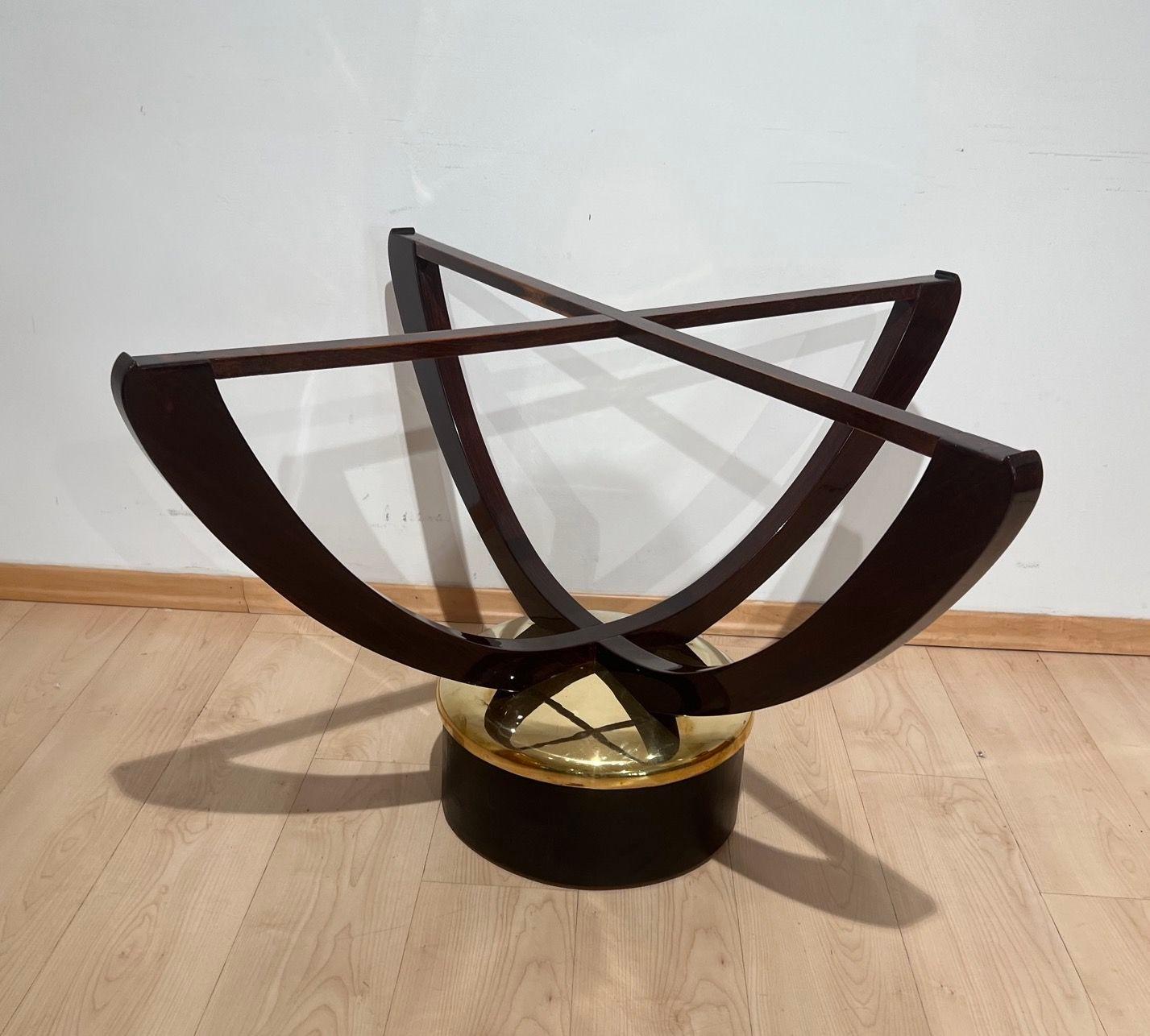 Table basse ronde Art déco, palissandre laqué, métal, verre, France circa 1930 en vente 4