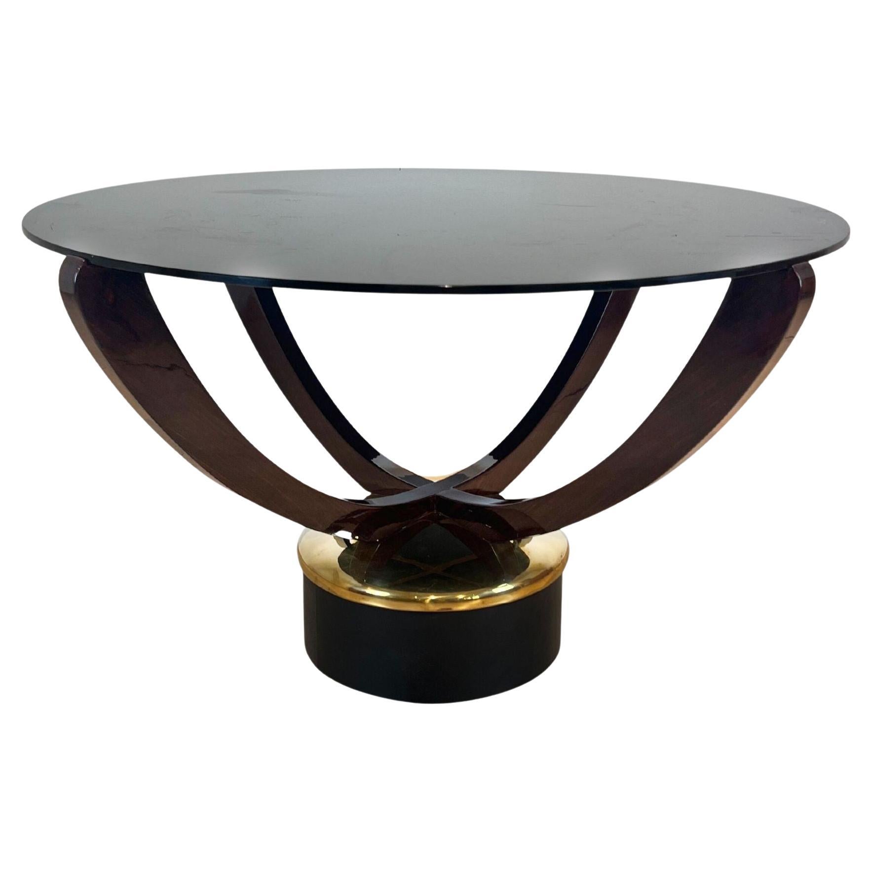 Table basse ronde Art déco, palissandre laqué, métal, verre, France circa 1930