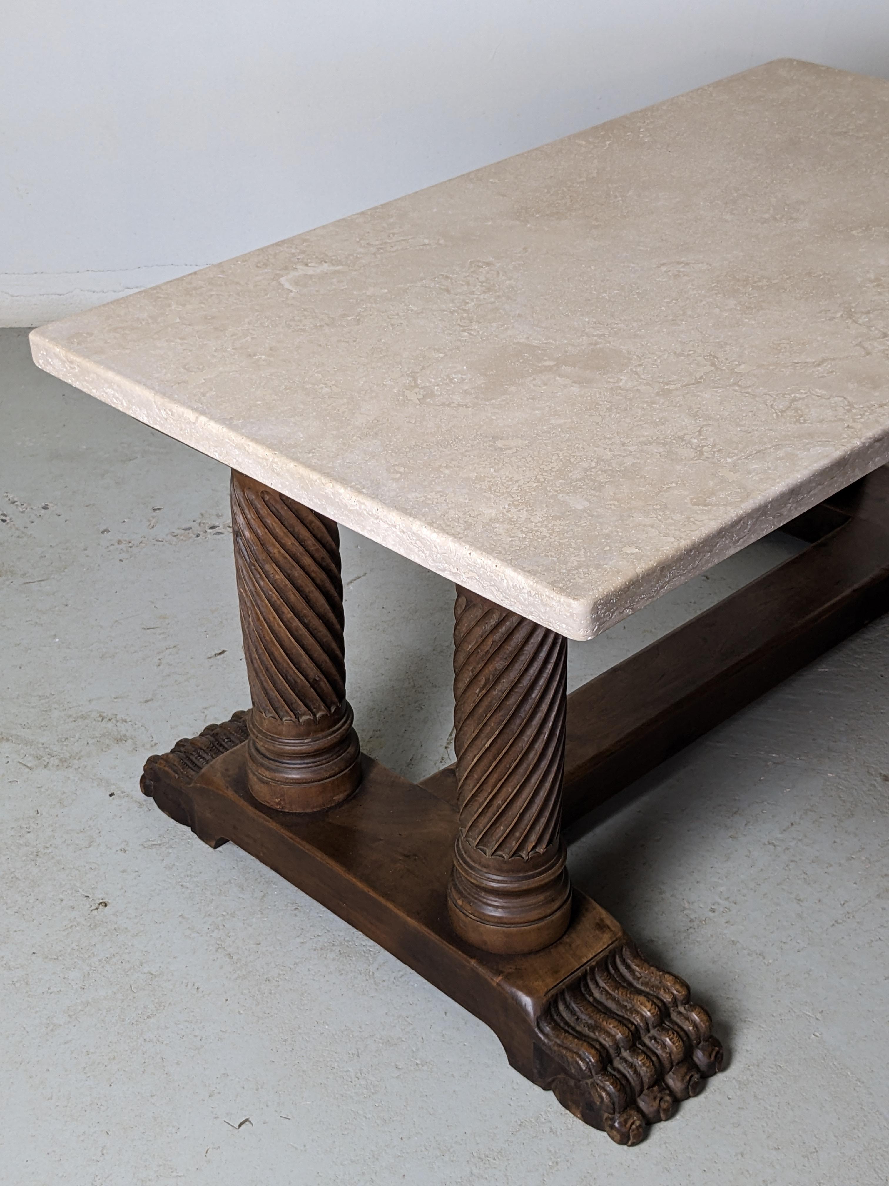 Art Deco Coffee Table, Sculpted Wood Base & Travertine Top, France 1940s For Sale 5