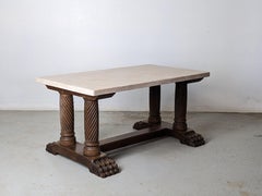 Art Deco Coffee Table, Sculpted Wood Base & Travertine Top, France 1940s