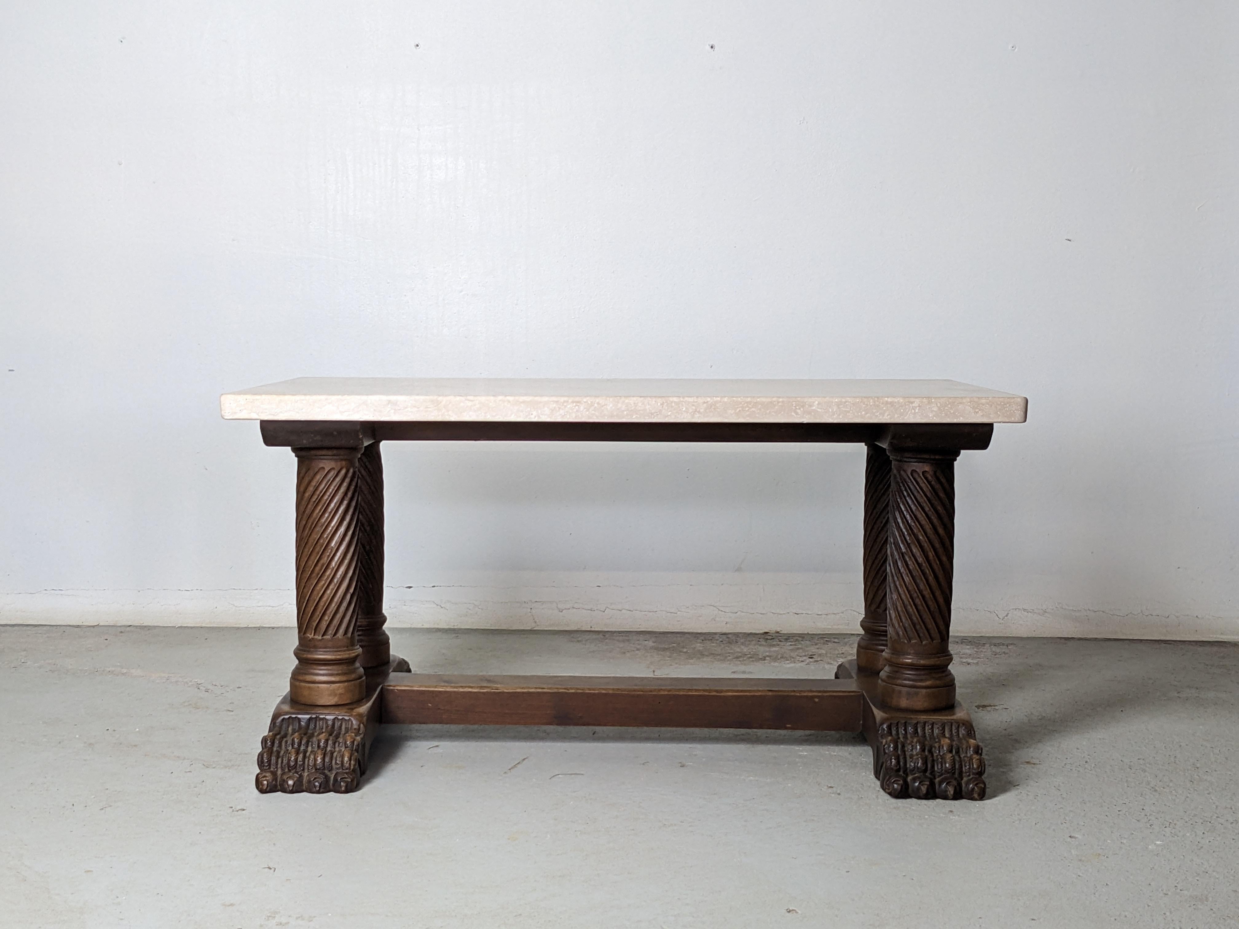 French Art Deco Coffee Table, Sculpted Wood Base & Travertine Top, France 1940s For Sale