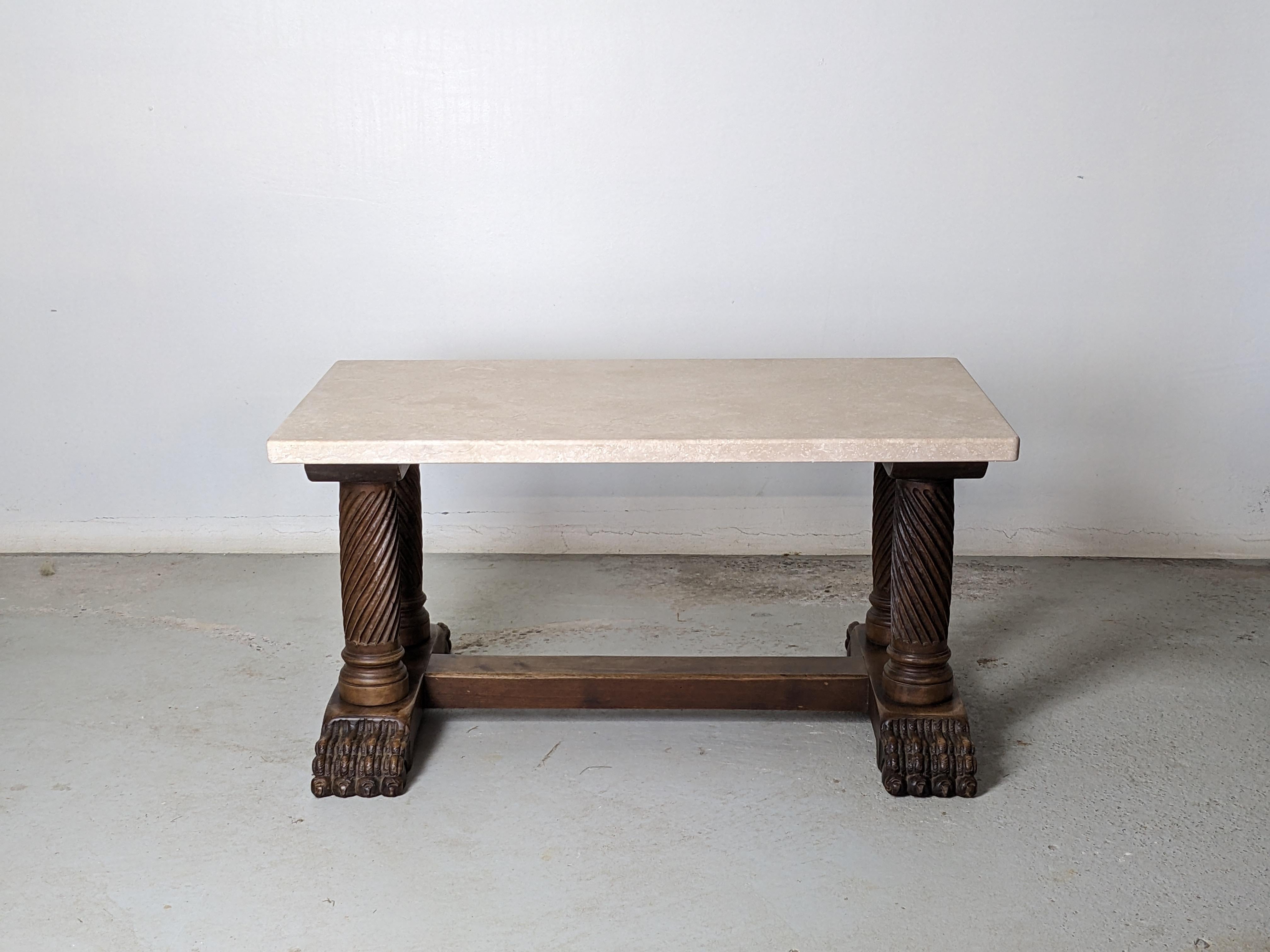 Art Deco Coffee Table, Sculpted Wood Base & Travertine Top, France 1940s In Good Condition For Sale In La Teste De Buch, FR