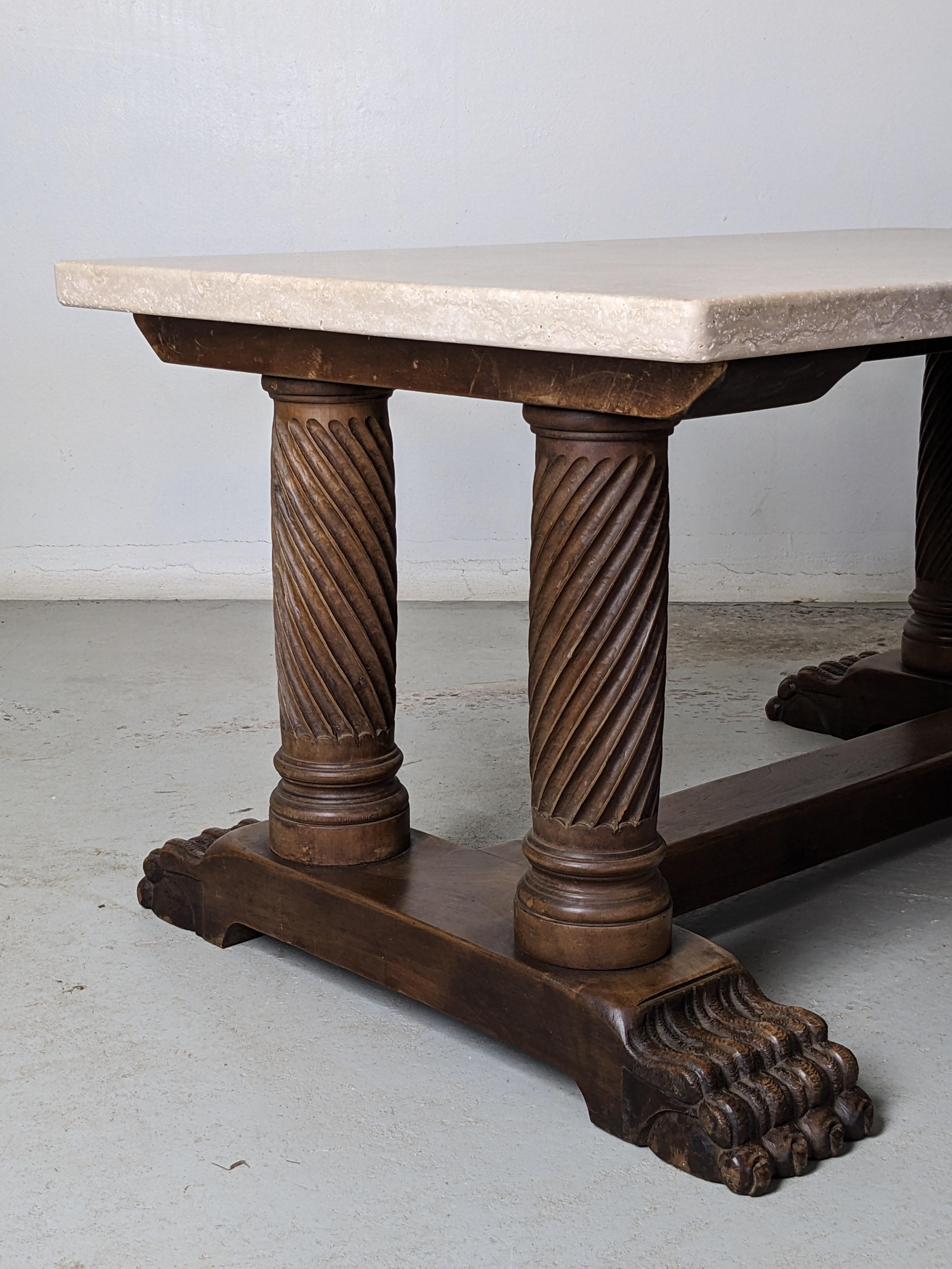 Mid-20th Century Art Deco Coffee Table, Sculpted Wood Base & Travertine Top, France 1940s For Sale