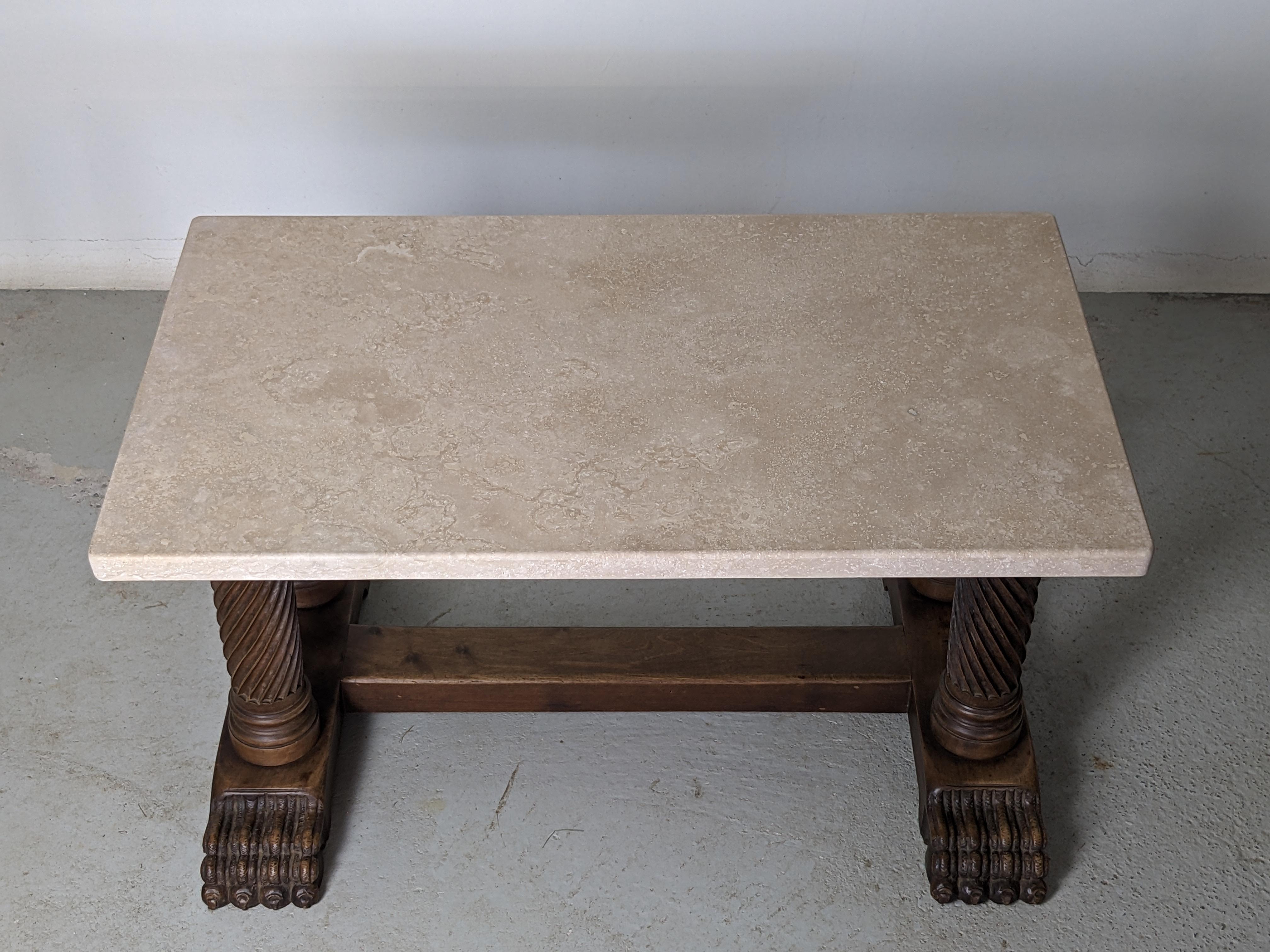 Art Deco Coffee Table, Sculpted Wood Base & Travertine Top, France 1940s For Sale 4