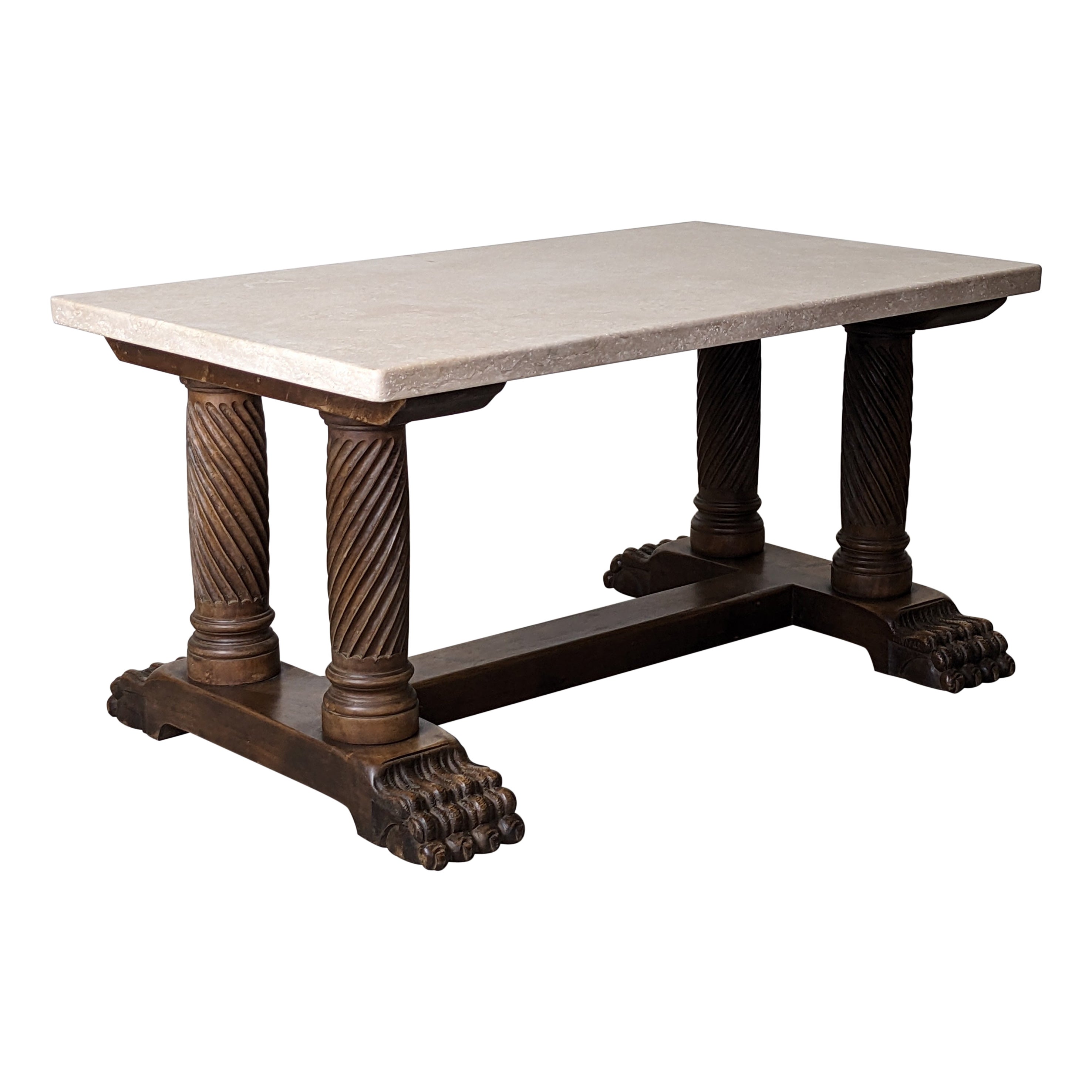 Art Deco Coffee Table, Sculpted Wood Base & Travertine Top, France 1940s For Sale
