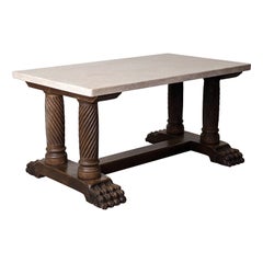 Table basse Art Déco, base en bois sculpté et plateau en travertin, France, années 1940