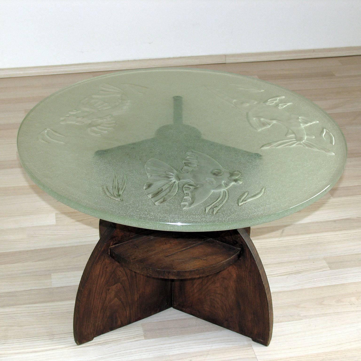 Swedish Art Deco Coffee Table with Glass Top, by Glössner and Orrefors, Sweden, 1940s