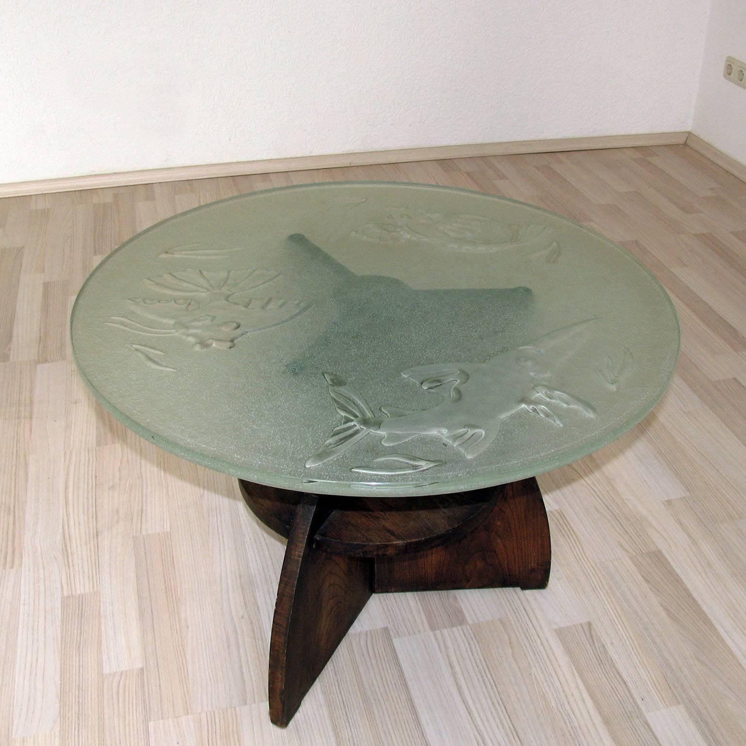 Etched Art Deco Coffee Table with Glass Top, by Glössner and Orrefors, Sweden, 1940s