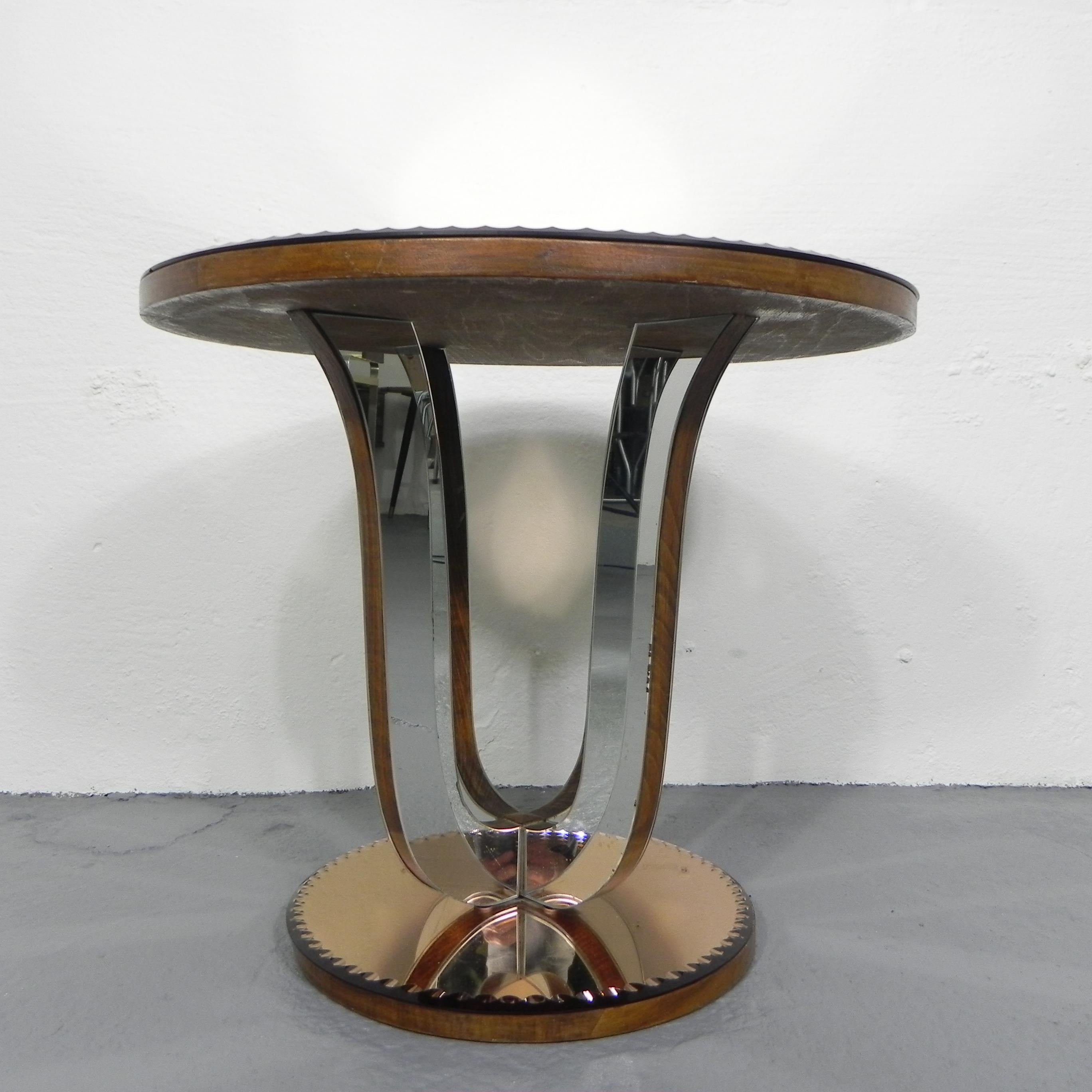 French Art Deco coffee table with mirror glass and walnut veneer For Sale