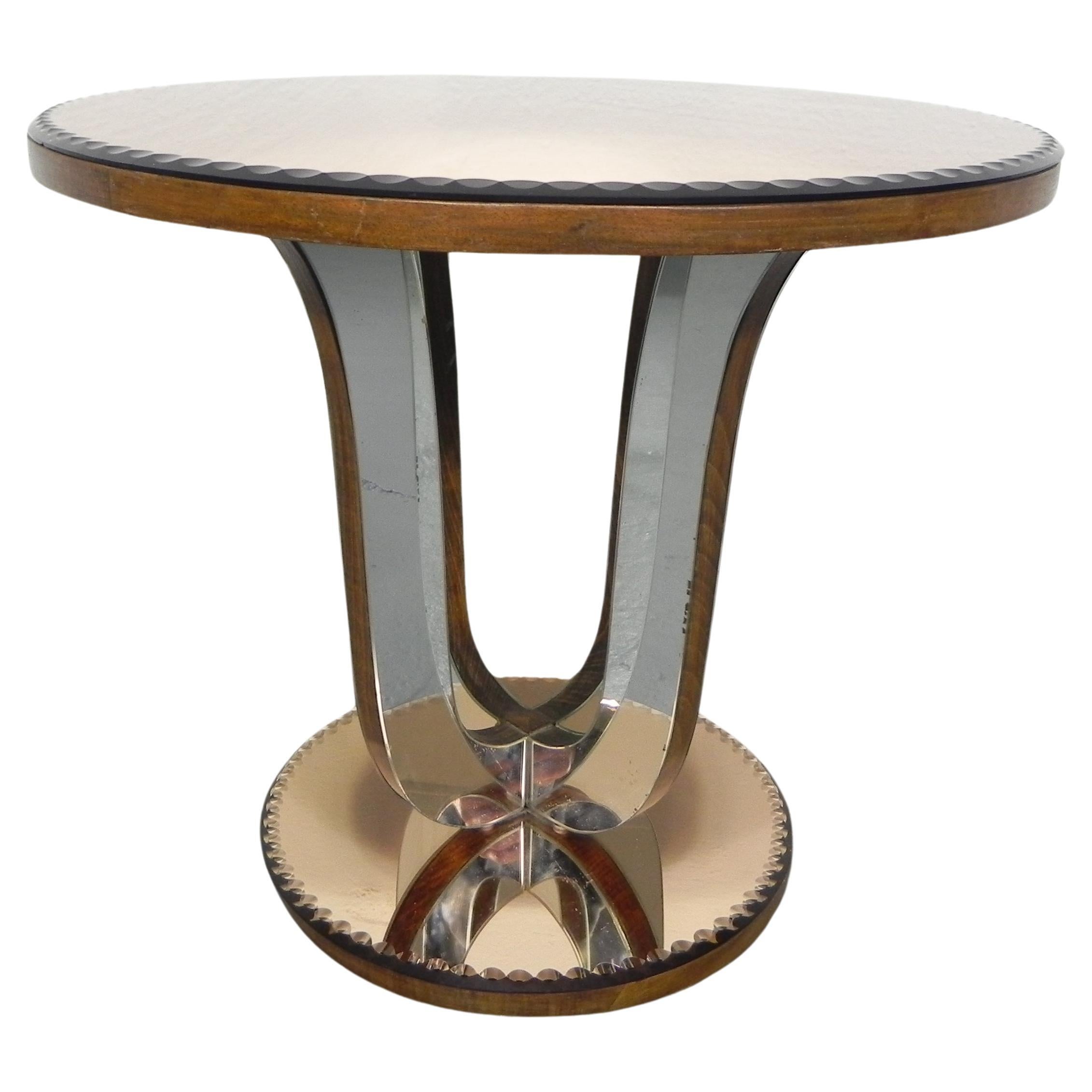 Art Deco coffee table with mirror glass and walnut veneer For Sale