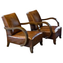 Art Deco Cognac Leather Club Chairs, France, 1930s