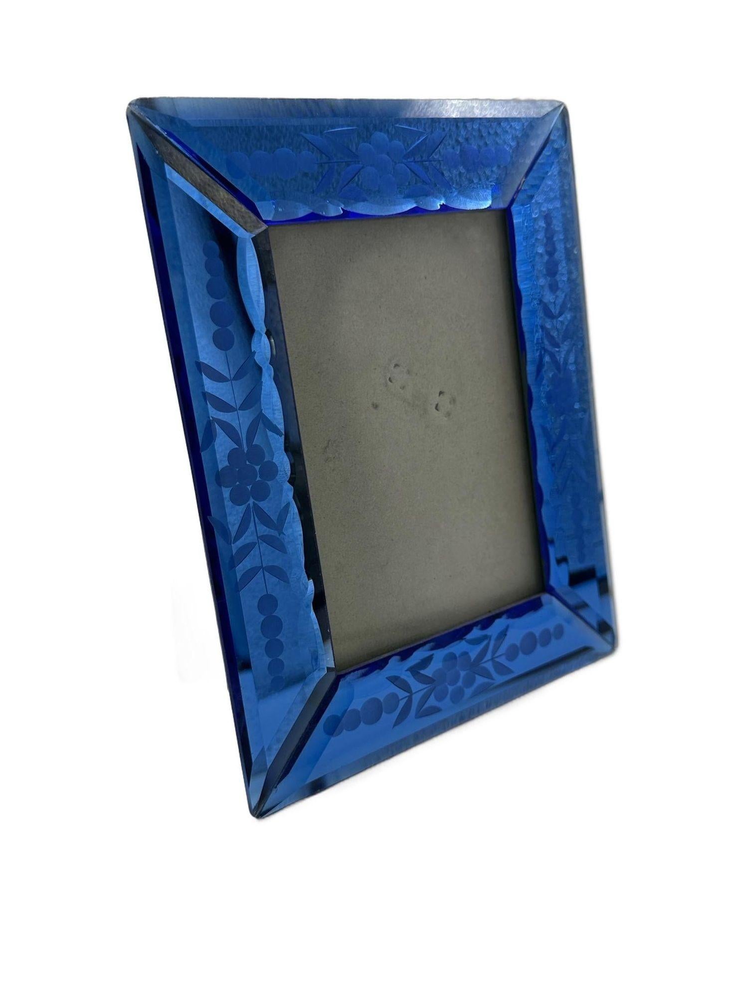 Greco Roman Art Deco Colbalt Glass Floral Etched Picture Frame