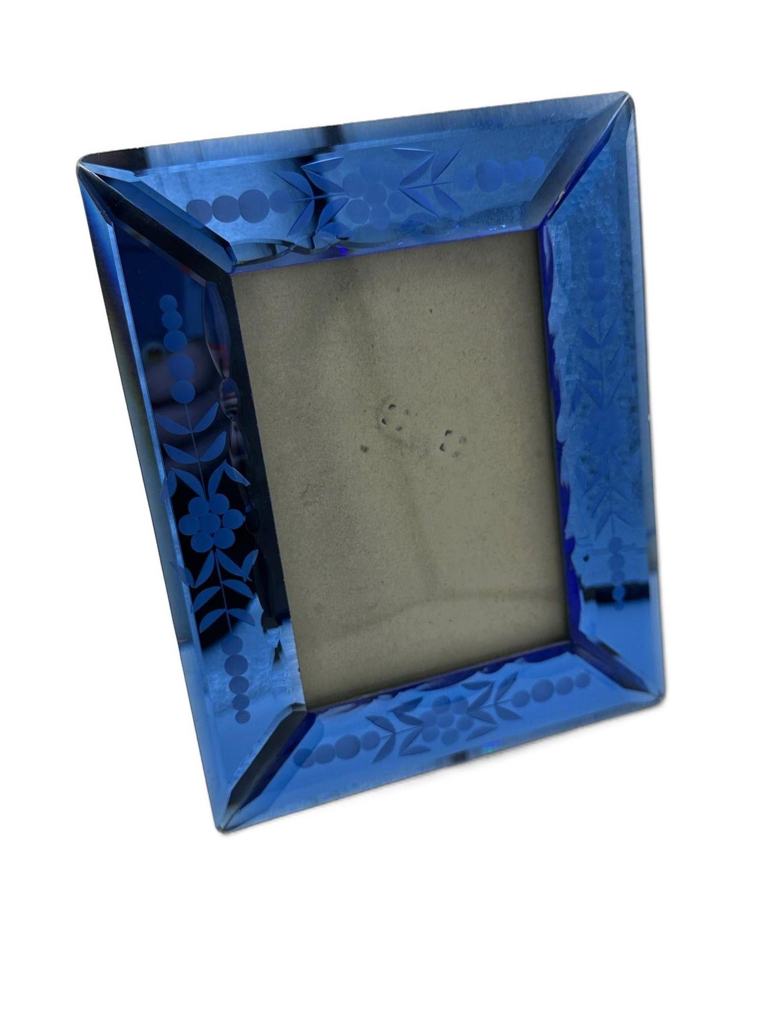Art Deco Colbalt Glass Floral Etched Picture Frame In Excellent Condition In Van Nuys, CA