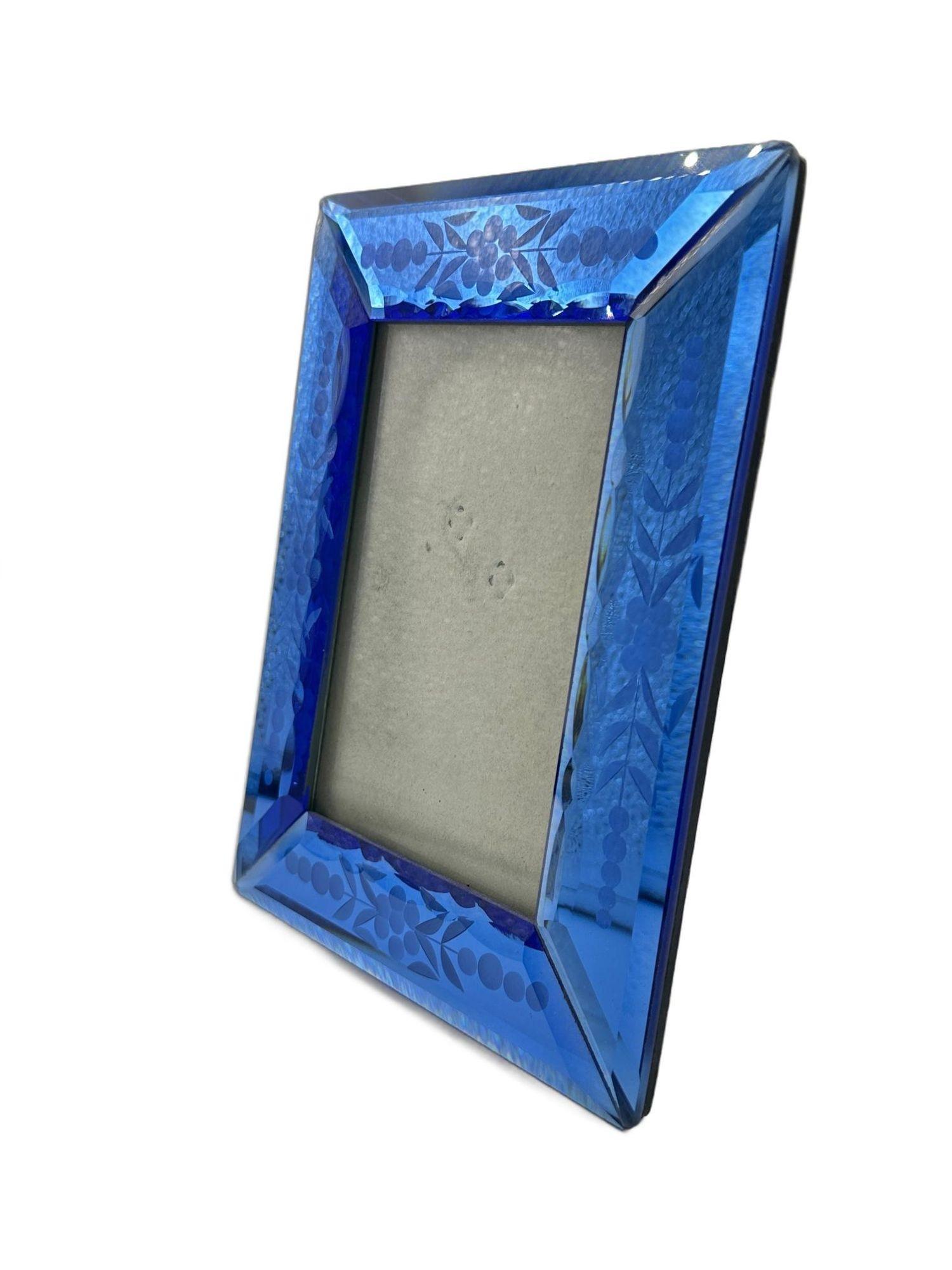 Early 20th Century Art Deco Colbalt Glass Floral Etched Picture Frame